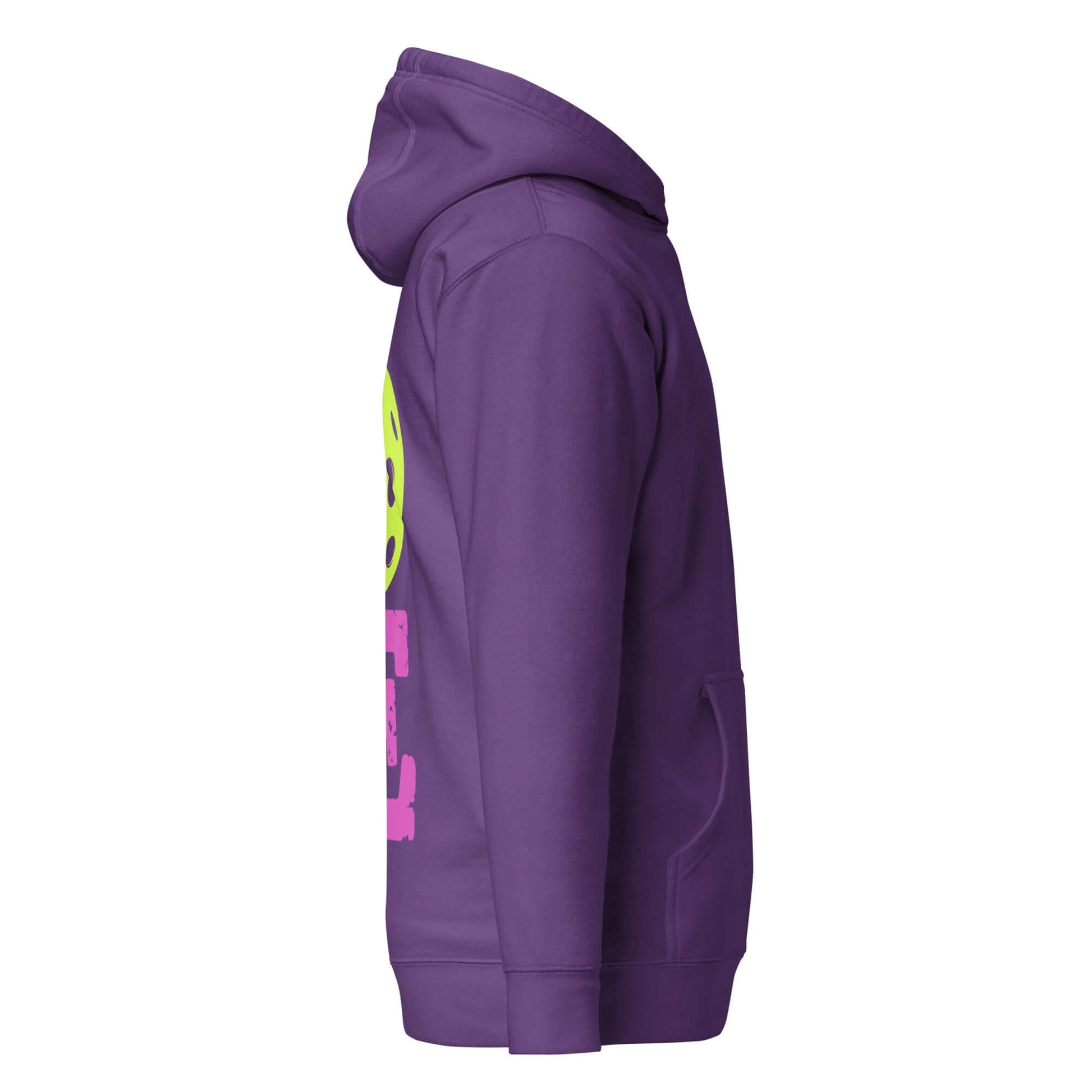 Side view of Women's LOVE Pickleball Hoodie in purple, featuring stylish design and cozy fit for players and fans.