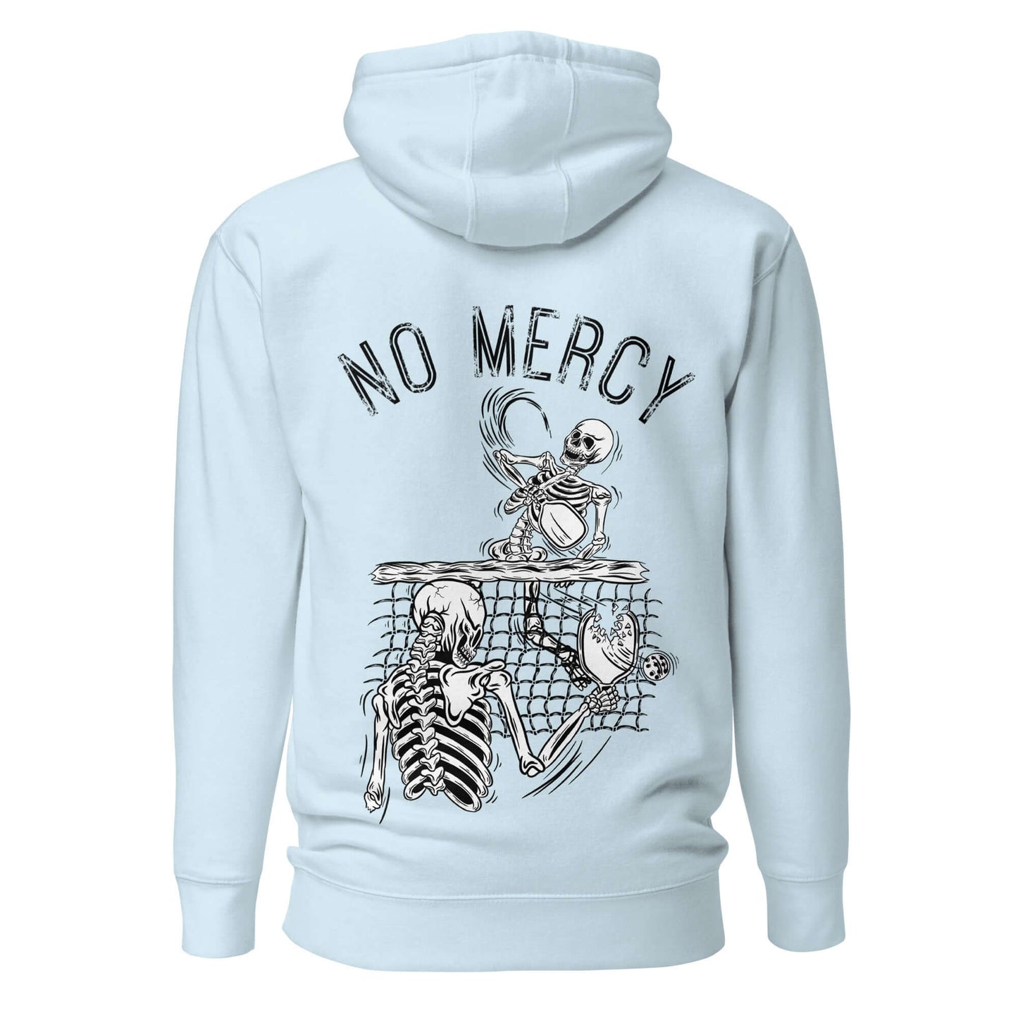 "No Mercy Pickleball Series hoodie featuring skeletons playing pickleball on the back, emphasizing comfort and style."