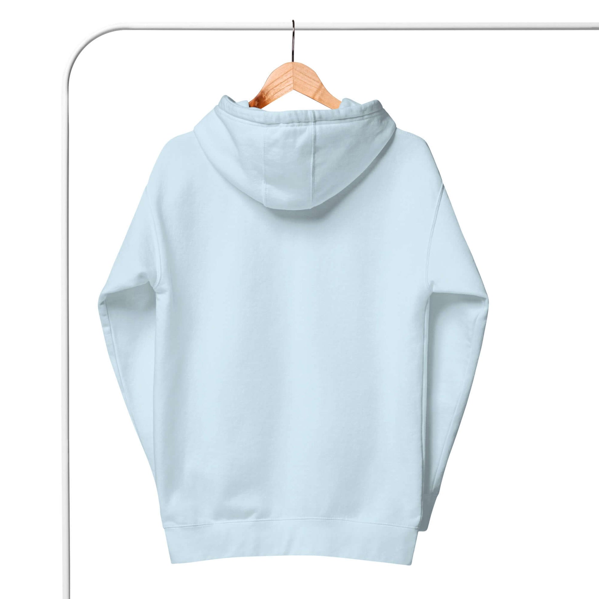 Back view of a light blue Women’s LOVE Pickleball Hoodie hanging on a wooden hanger.