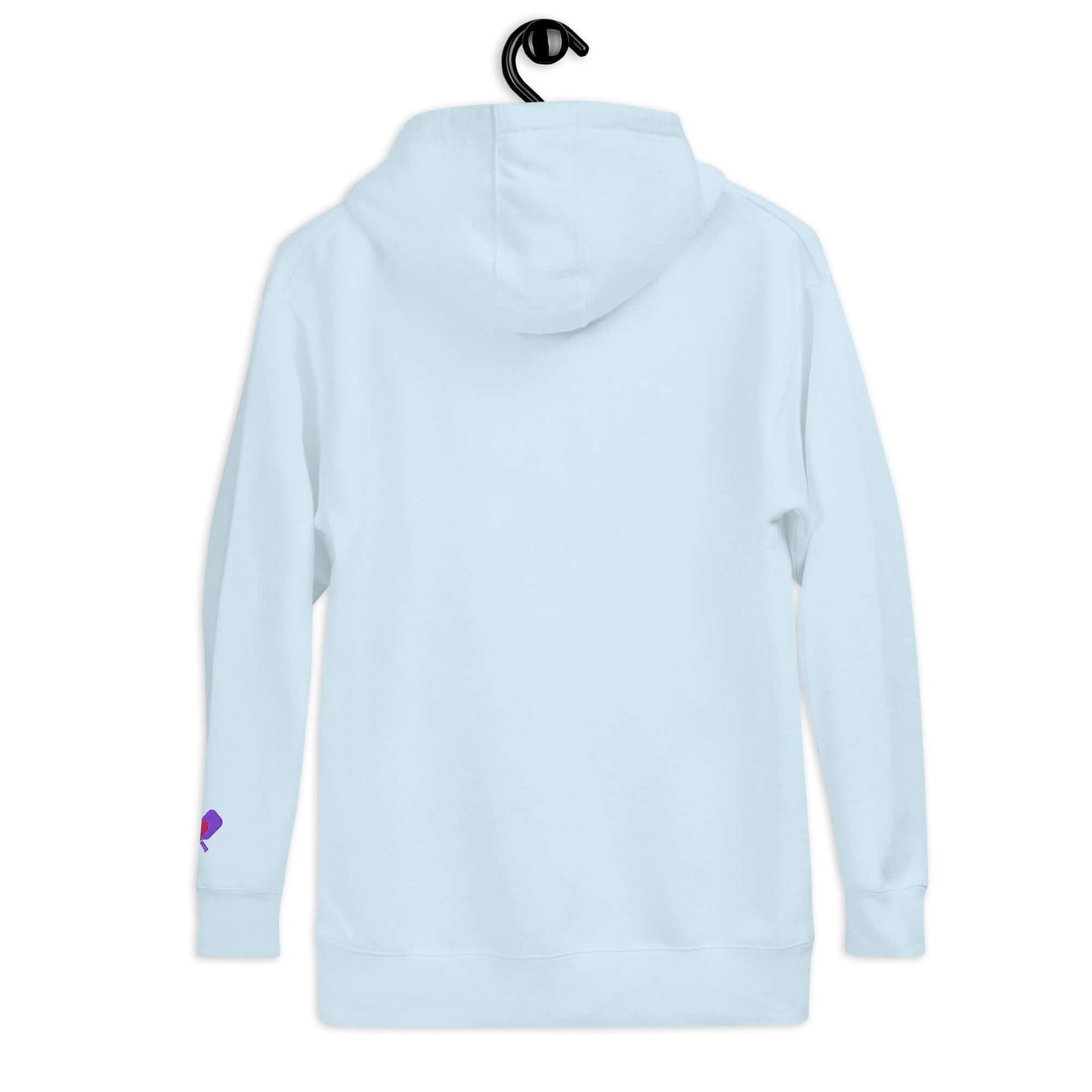 Back view of women's LOVE pickleball hoodie in light blue, showcasing a comfortable and stylish design.