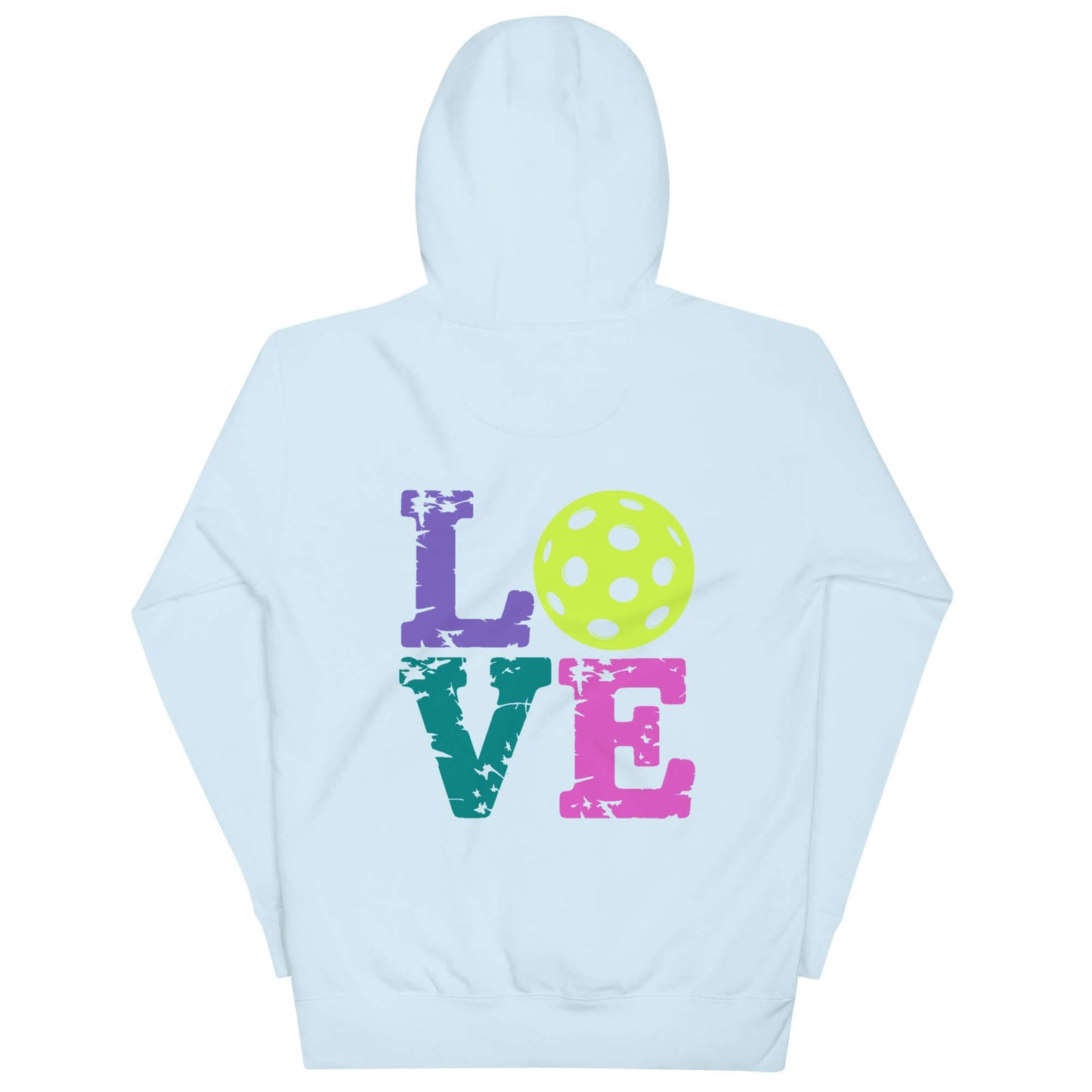 Back view of Women's LOVE Pickleball Hoodie with colorful text and pickleball design.