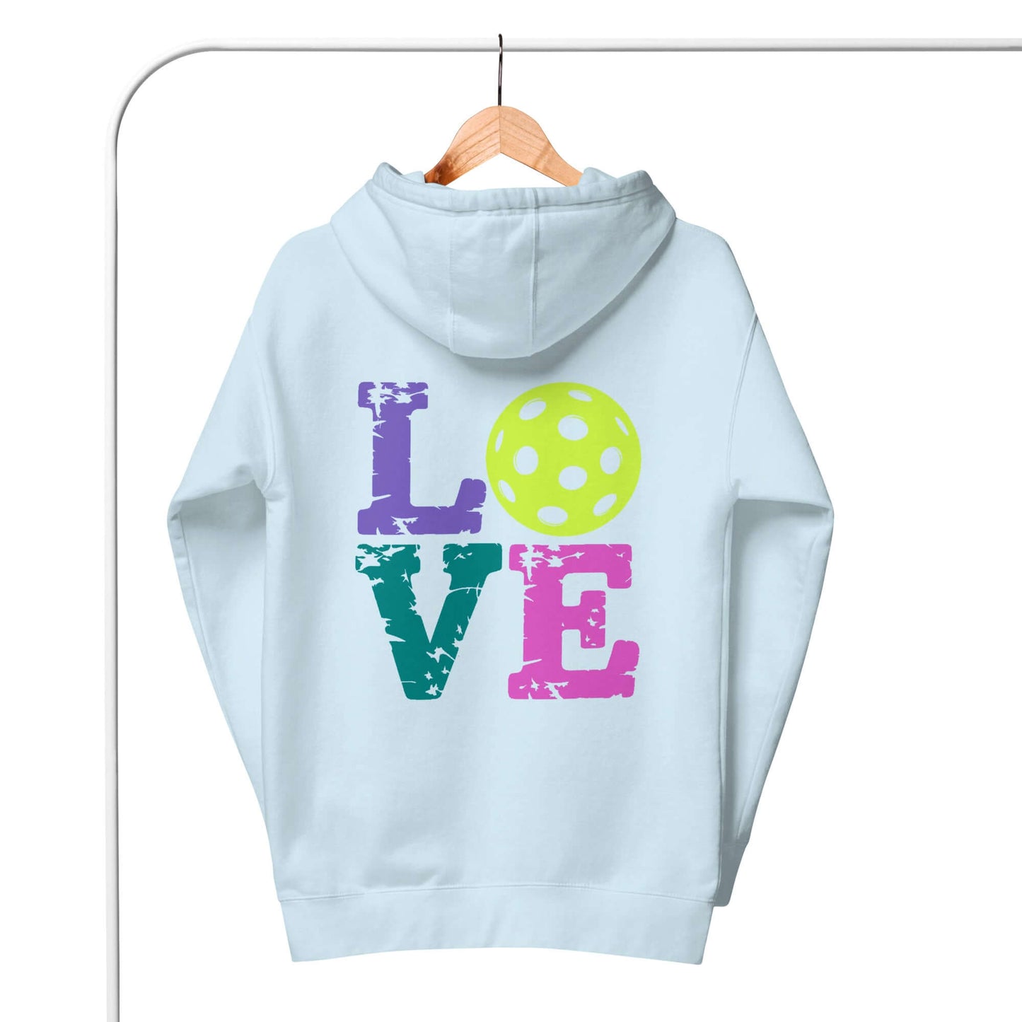 Back view of a women's LOVE pickleball hoodie in light blue featuring colorful text and a yellow pickleball design.