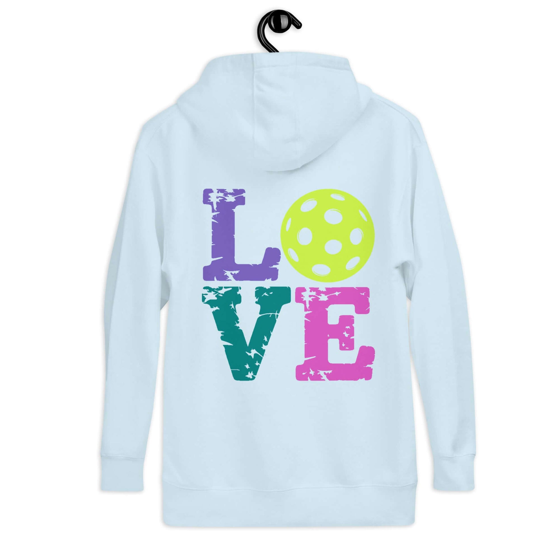 Back view of light blue Women’s LOVE Pickleball Hoodie with colorful text and pickleball graphic.