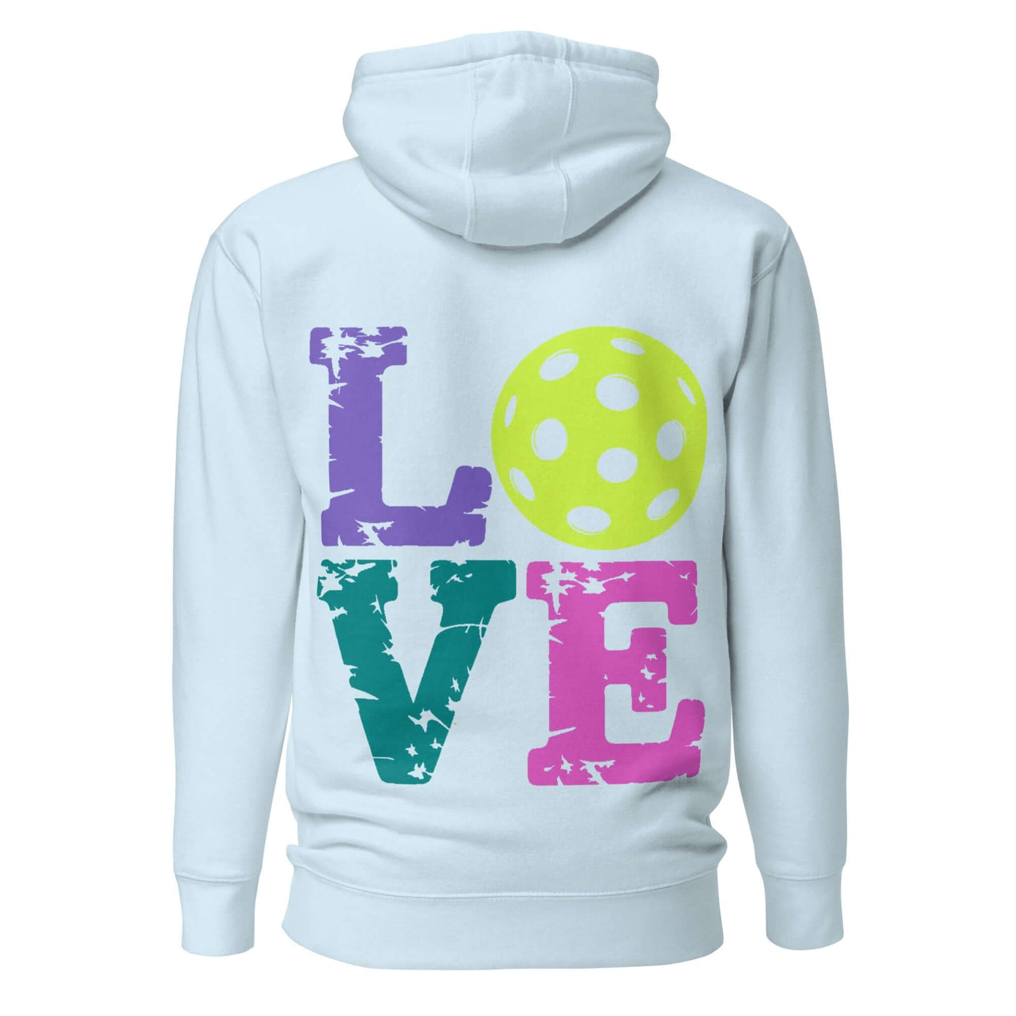 Back view of a light blue women's hoodie featuring colorful 'LOVE' design and a pickleball graphic.