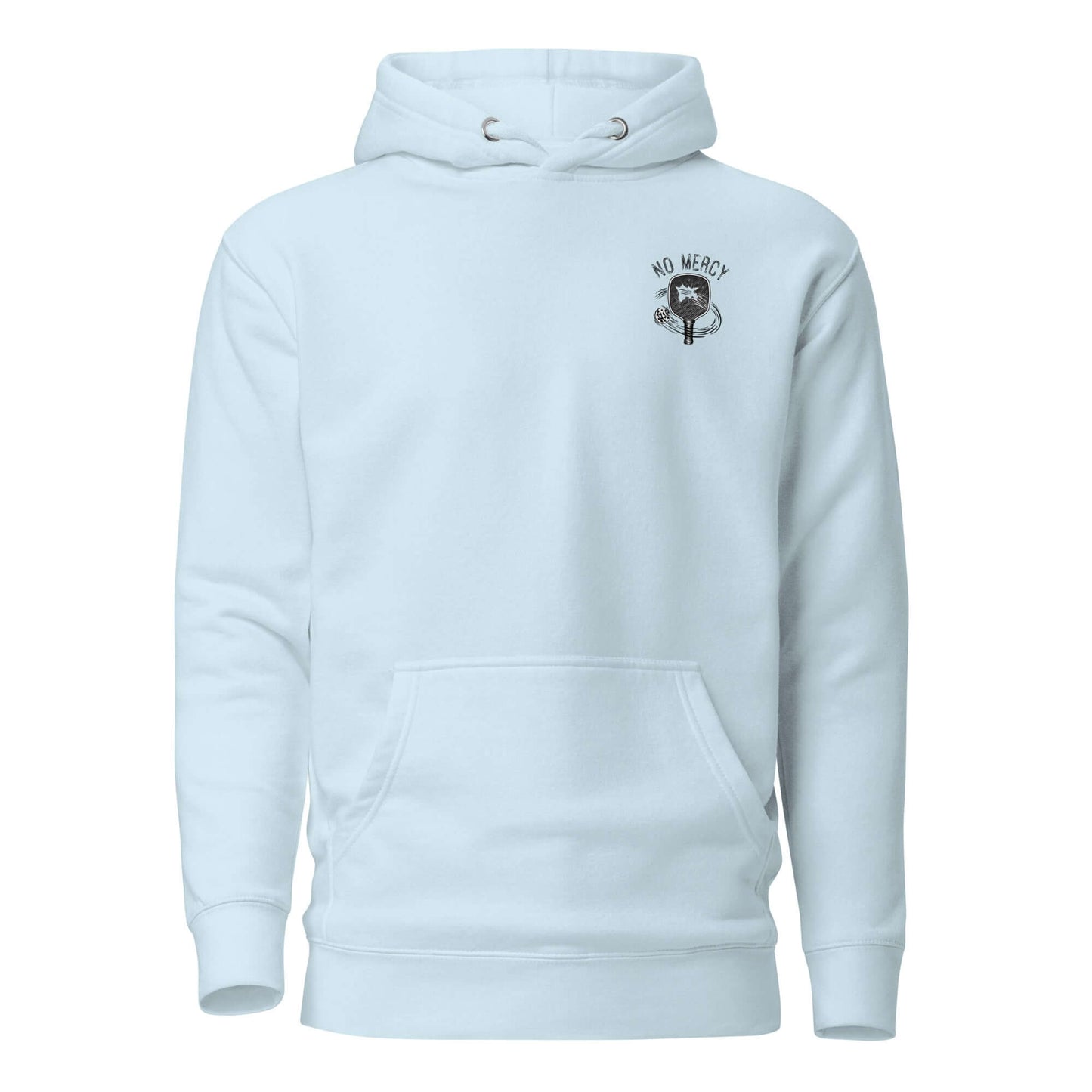 Light blue No Mercy Pickleball Ultimate Comfort Hoodie with front pocket and logo, made from soft cotton blend.