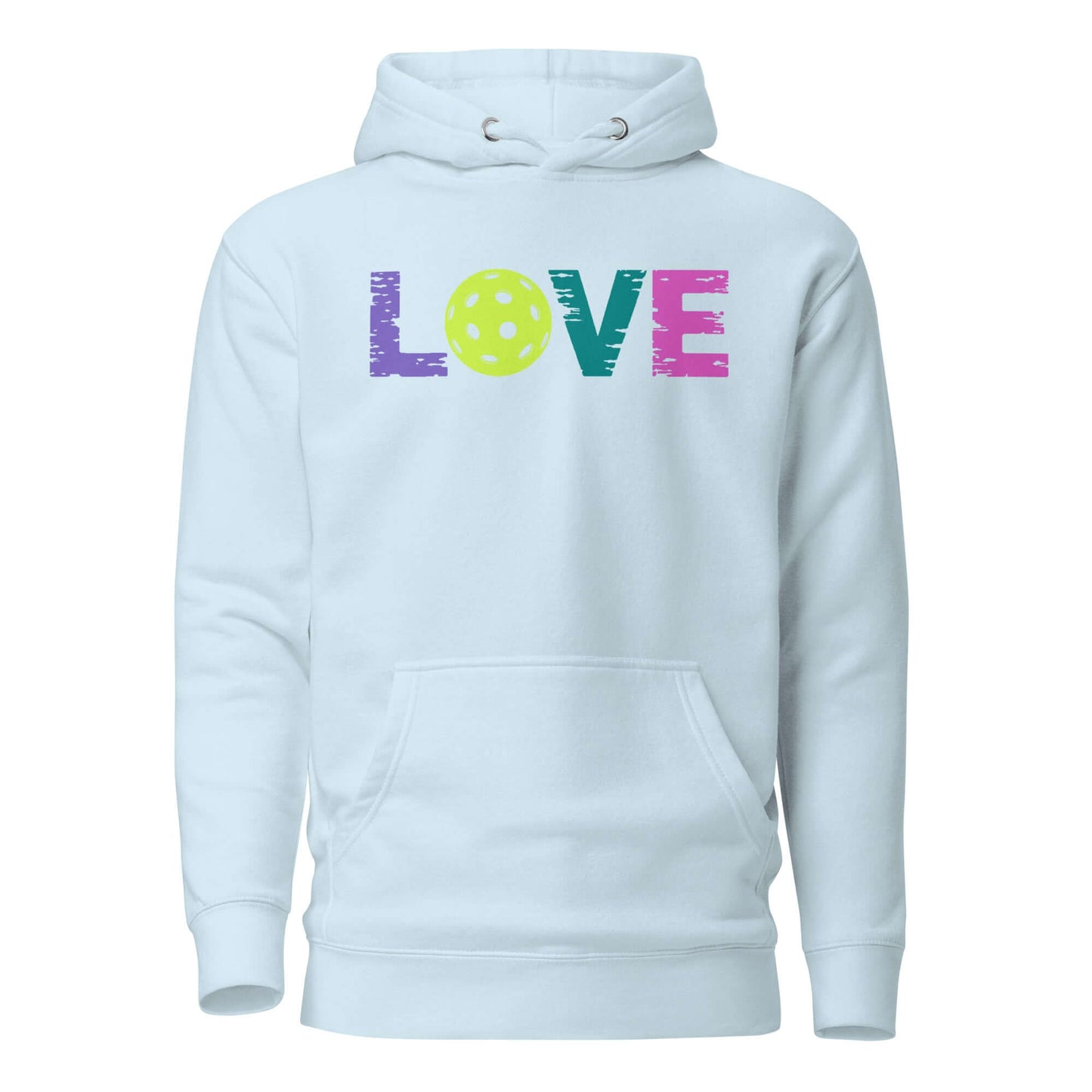 LOVE Pickleball Hoodie in light blue with colorful lettering for comfort and style after matches