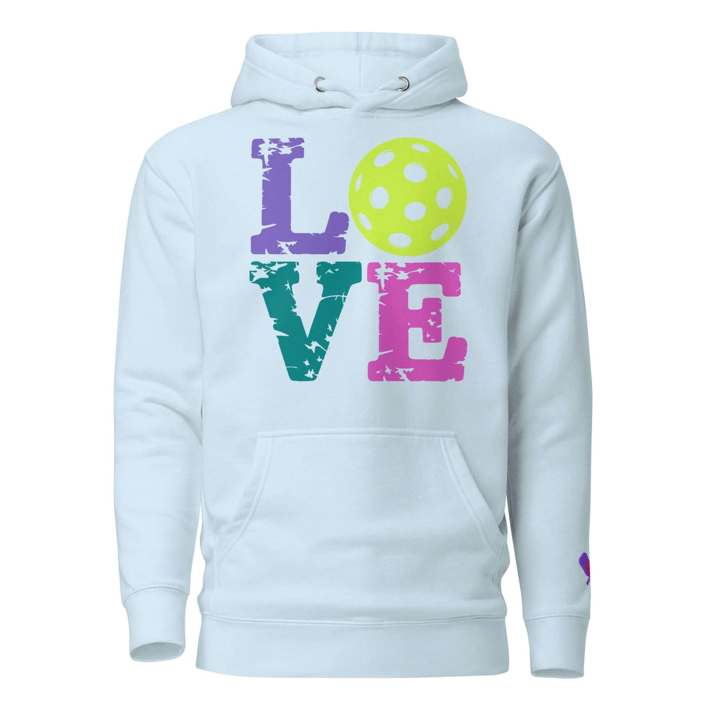 Women’s LOVE Pickleball Hoodie in light blue with colorful graphic design and pickleball accent.