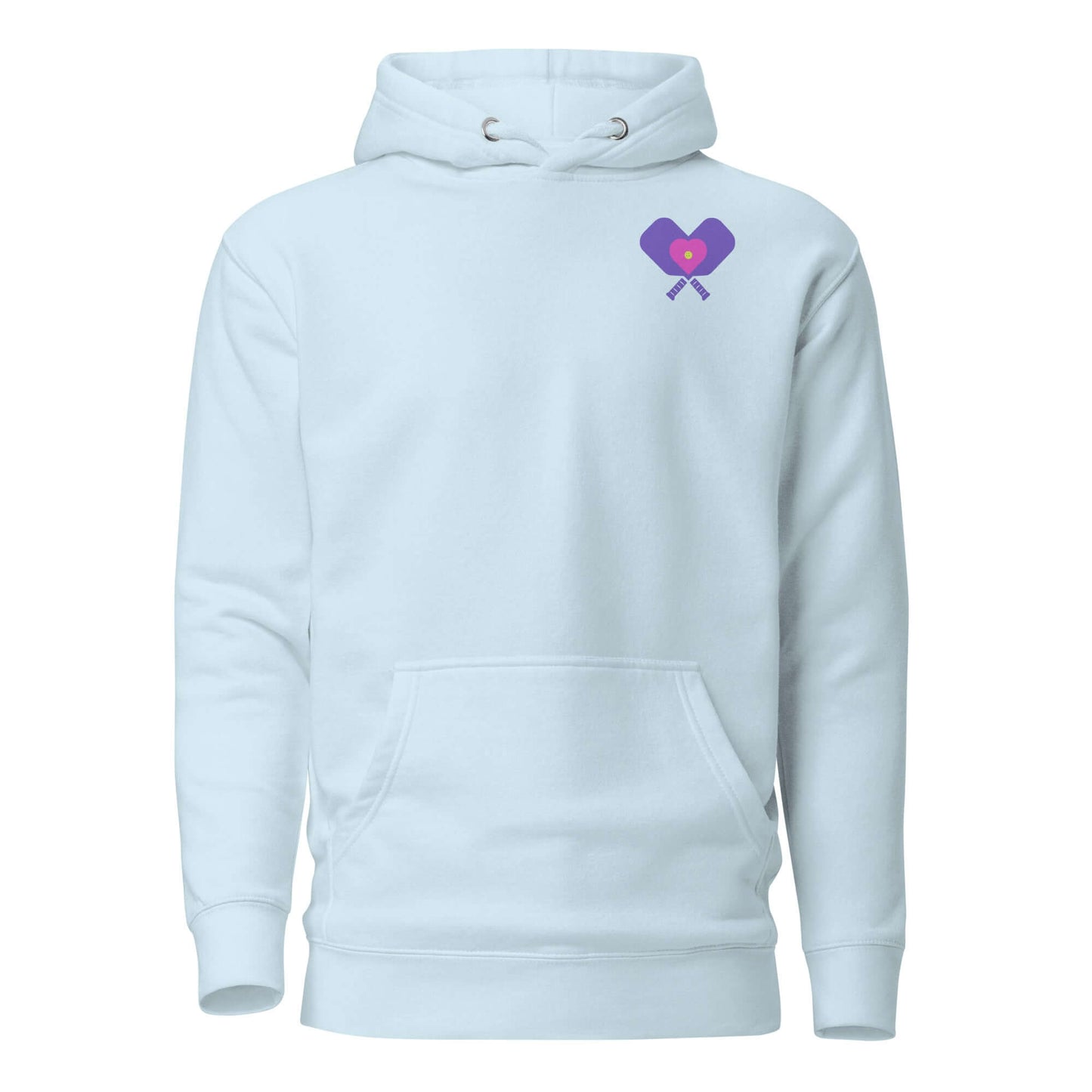 Women’s LOVE Pickleball Hoodie in light blue featuring a heart and paddles design, ideal for style and comfort.