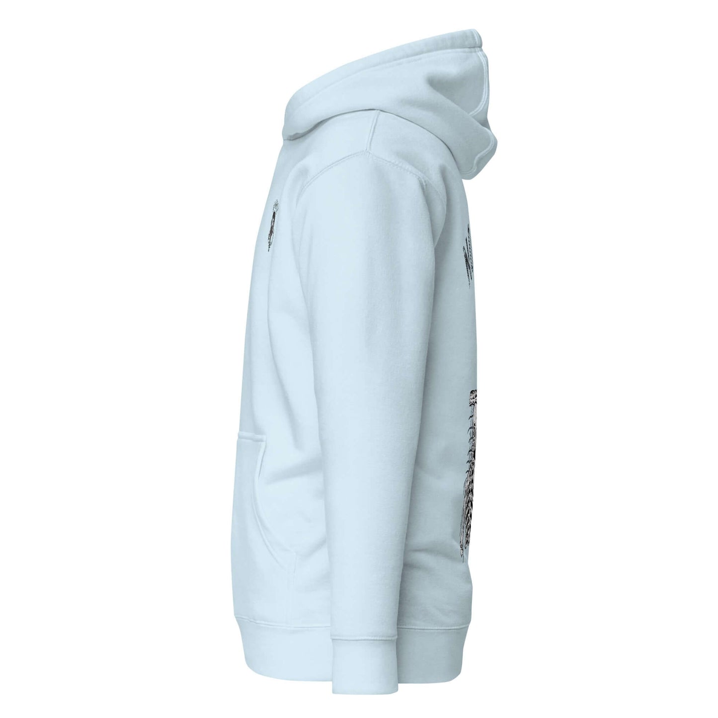 No Mercy Pickleball Series Ultimate Comfort Hoodie in light blue, side view showing front pouch pocket and soft cotton blend fabric.