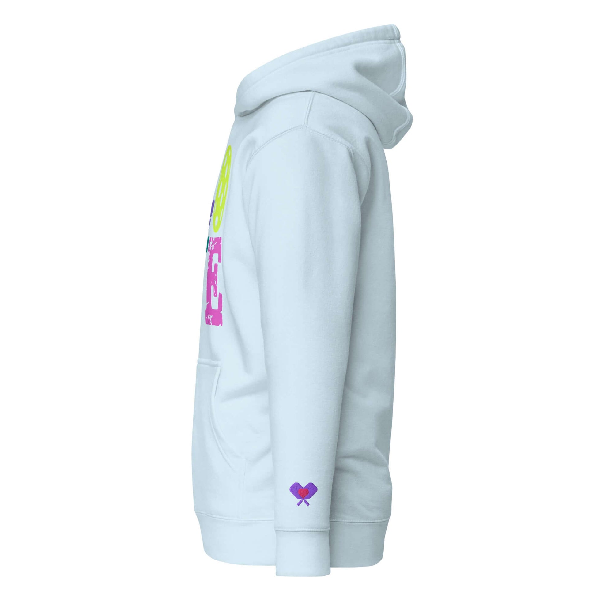 Side view of Women’s LOVE Pickleball Hoodie in light blue with colorful graphics and heart detail on the sleeve.