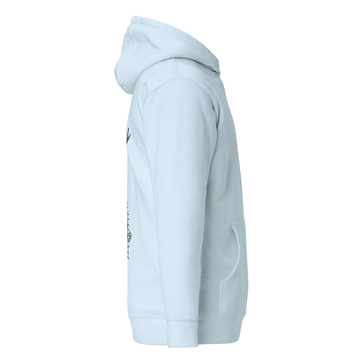 Side view of No Mercy Pickleball Series Ultimate Comfort Hoodie in light blue with front pouch pocket.