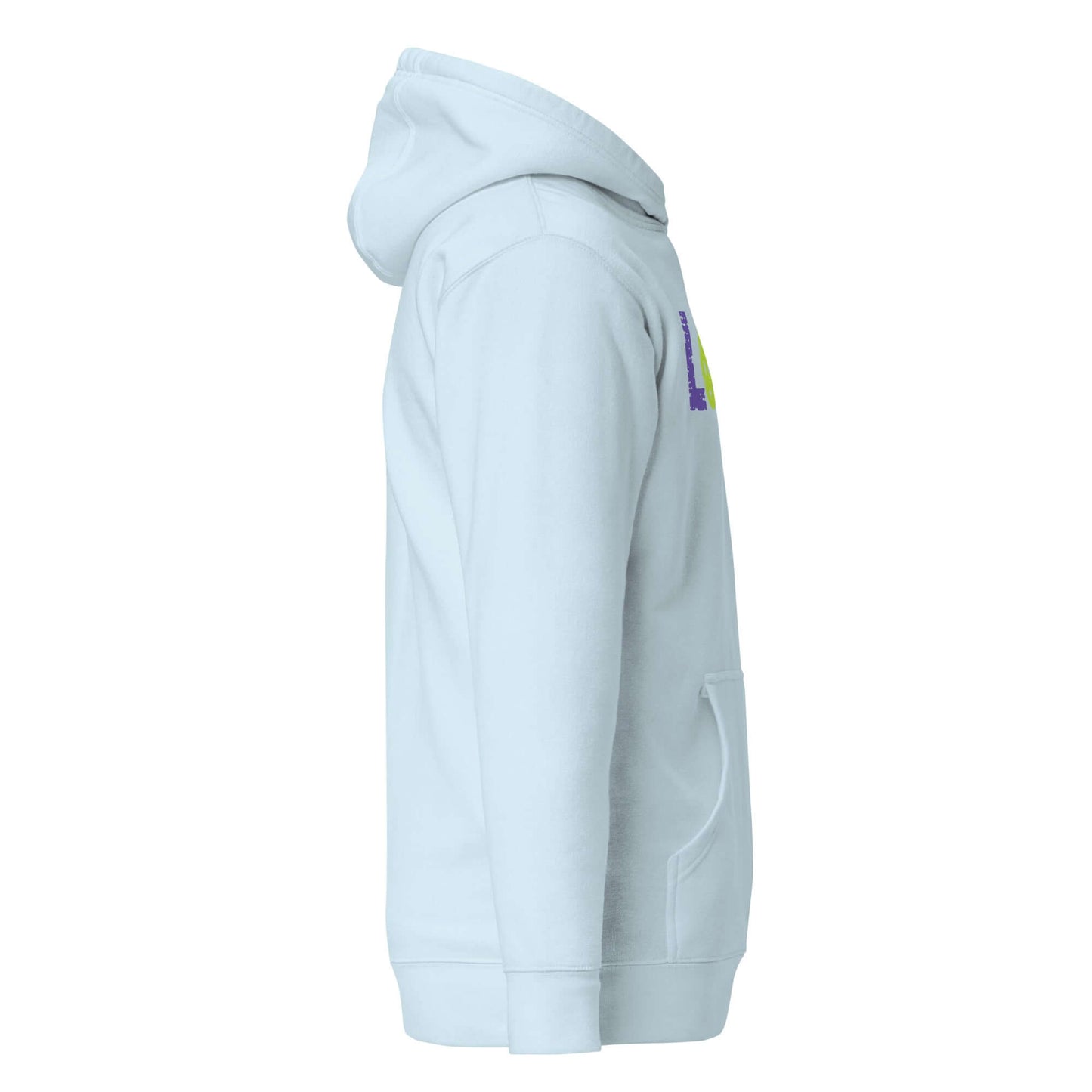 Side view of the LOVE Pickleball Hoodie in light blue, showcasing its soft fabric and stylish design.