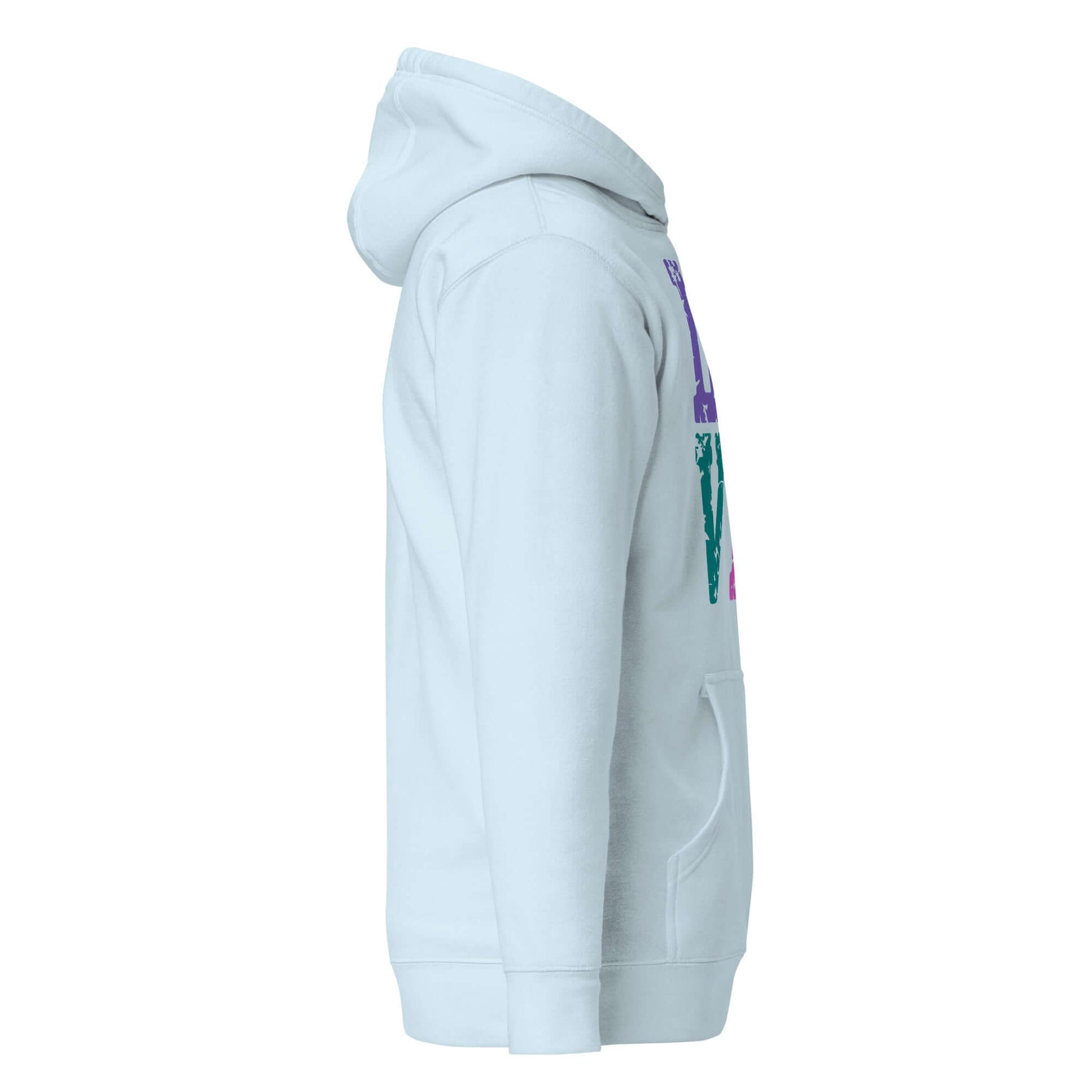 Side view of Women's LOVE Pickleball Hoodie in light blue, showcasing stylish design and cozy fit for pickleball enthusiasts.