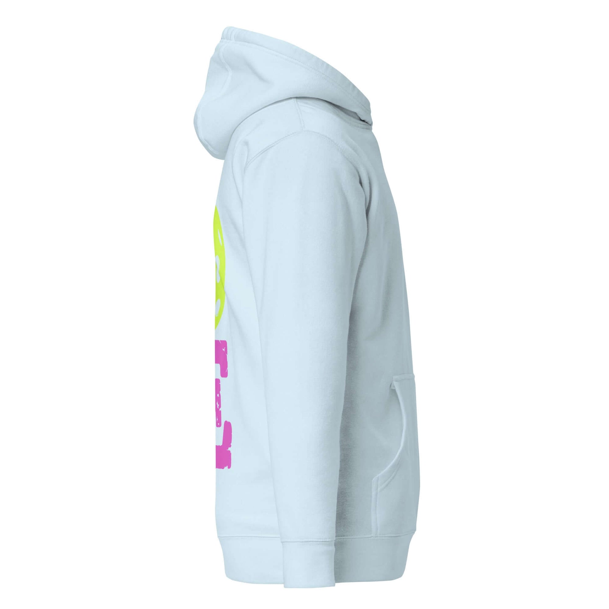 Side view of Women's LOVE Pickleball Hoodie in light blue with vibrant colors, perfect for comfort and style on and off the court.