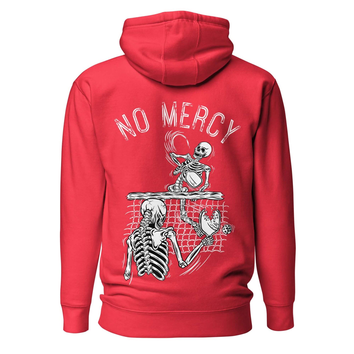 Red No Mercy Pickleball hoodie with skeleton graphic and text, showcasing a blend of comfort and style for pickleball enthusiasts.