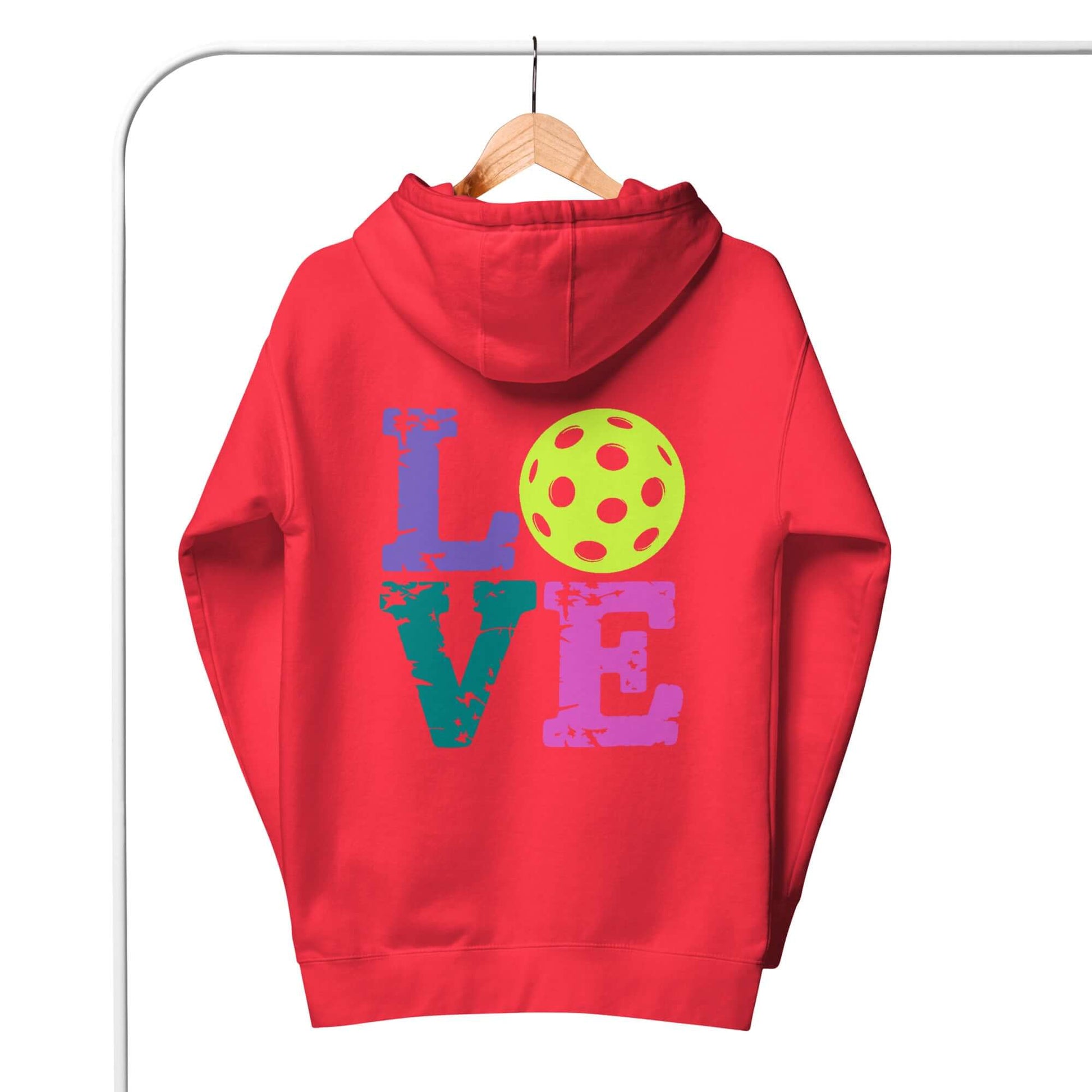 Red Women's LOVE Pickleball Hoodie featuring colorful lettering and a pickleball graphic.