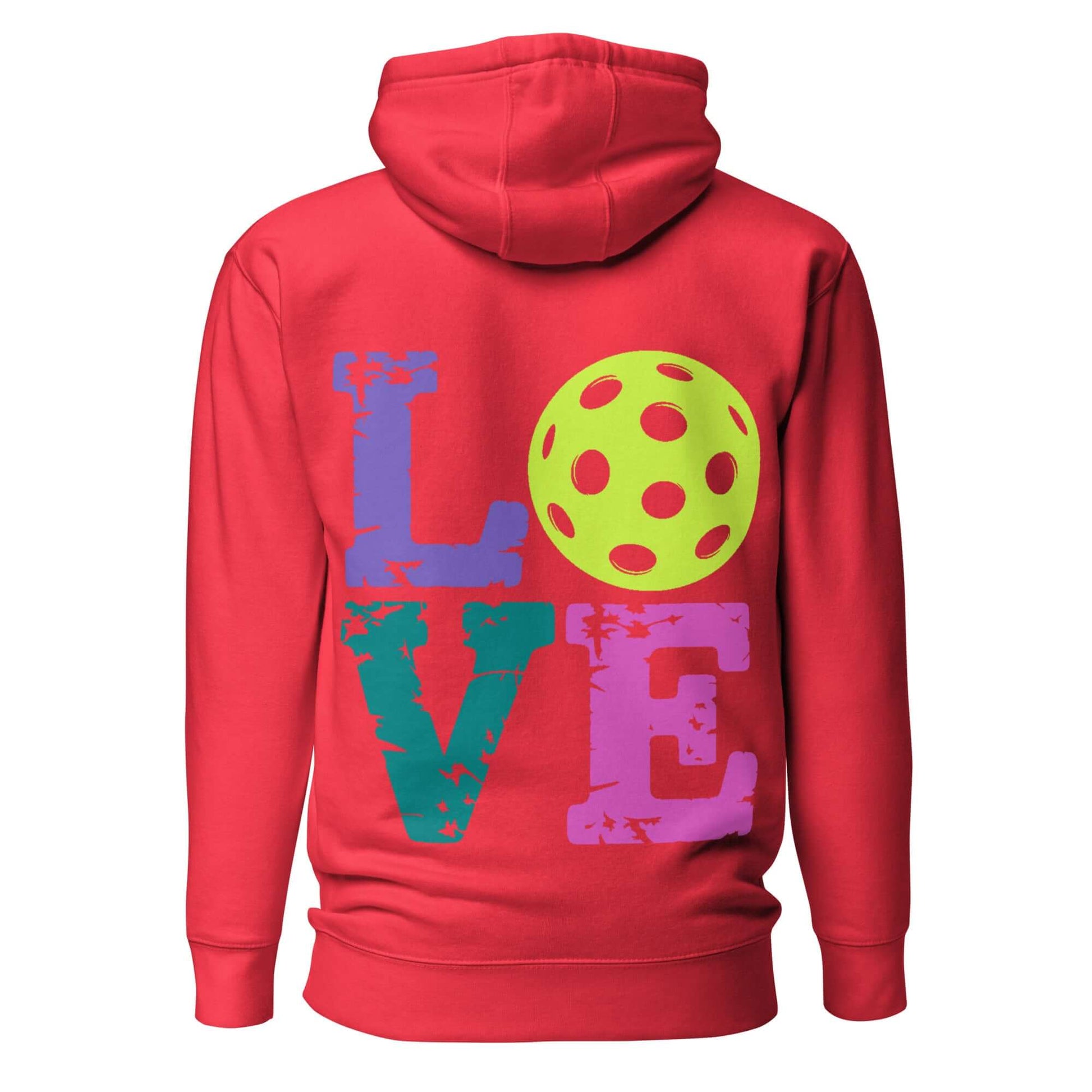 Women’s LOVE Pickleball Hoodie in red with vibrant graphic design and a pickleball motif on the back.