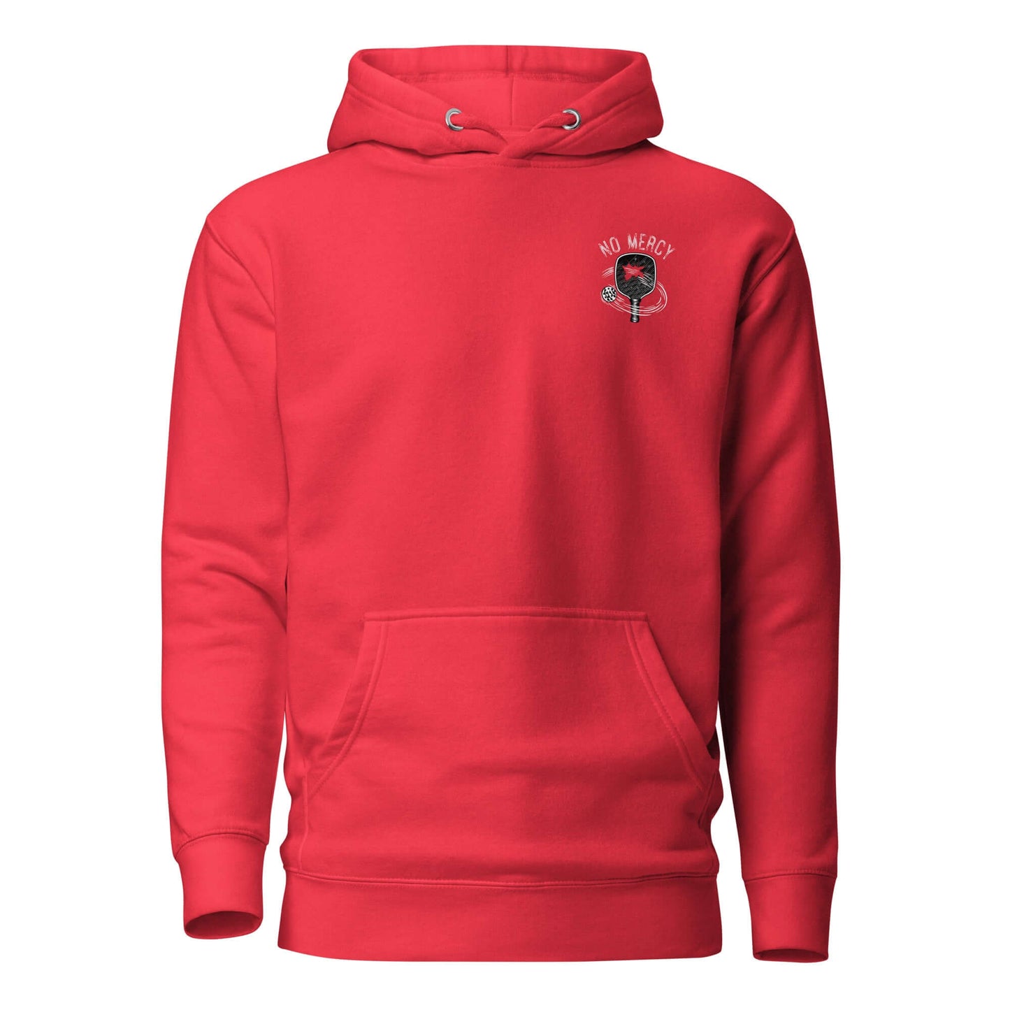 Red No Mercy Pickleball Series hoodie with front pocket, blend of cotton and polyester for ultimate comfort and style.