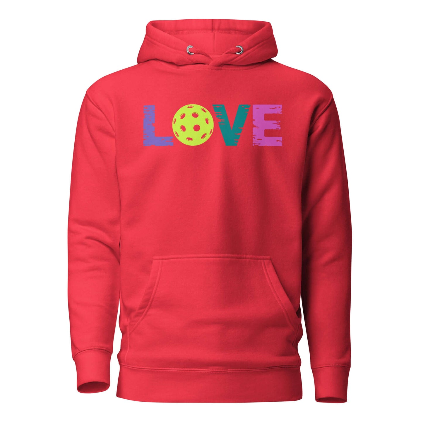 LOVE Pickleball Hoodie in red featuring colorful text and a pickleball graphic, perfect for fans and players.