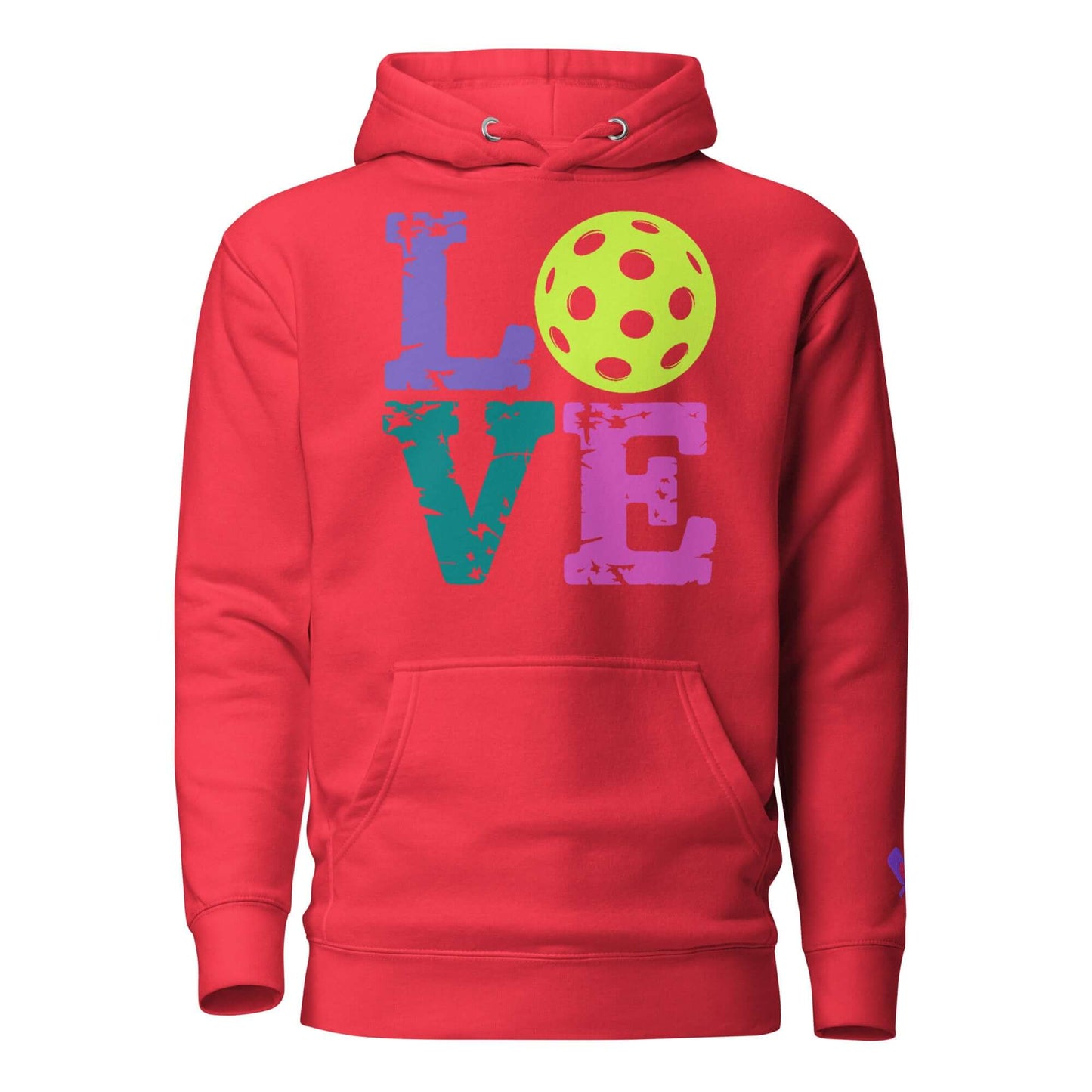 Women’s red hoodie with colorful 'LOVE' and pickleball graphic, perfect for pickleball enthusiasts.