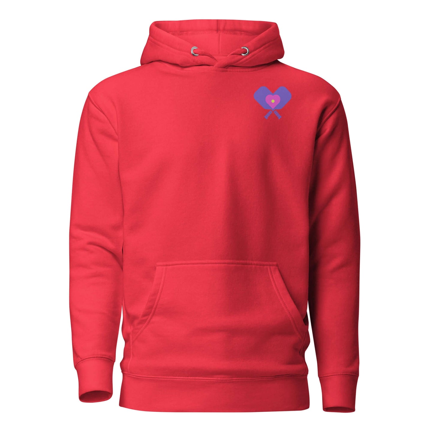 Red Women’s LOVE Pickleball Hoodie featuring a heart and paddle design, perfect for players and fans.