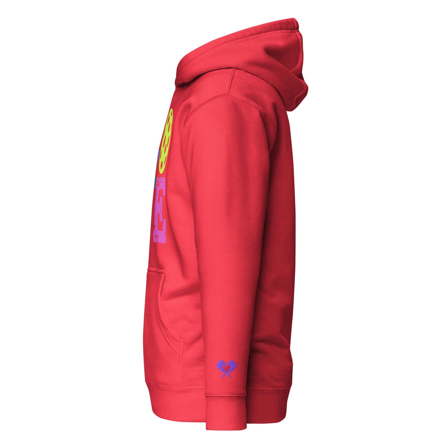 Side view of Women’s LOVE Pickleball Hoodie in red, featuring vibrant graphics and a cozy design.