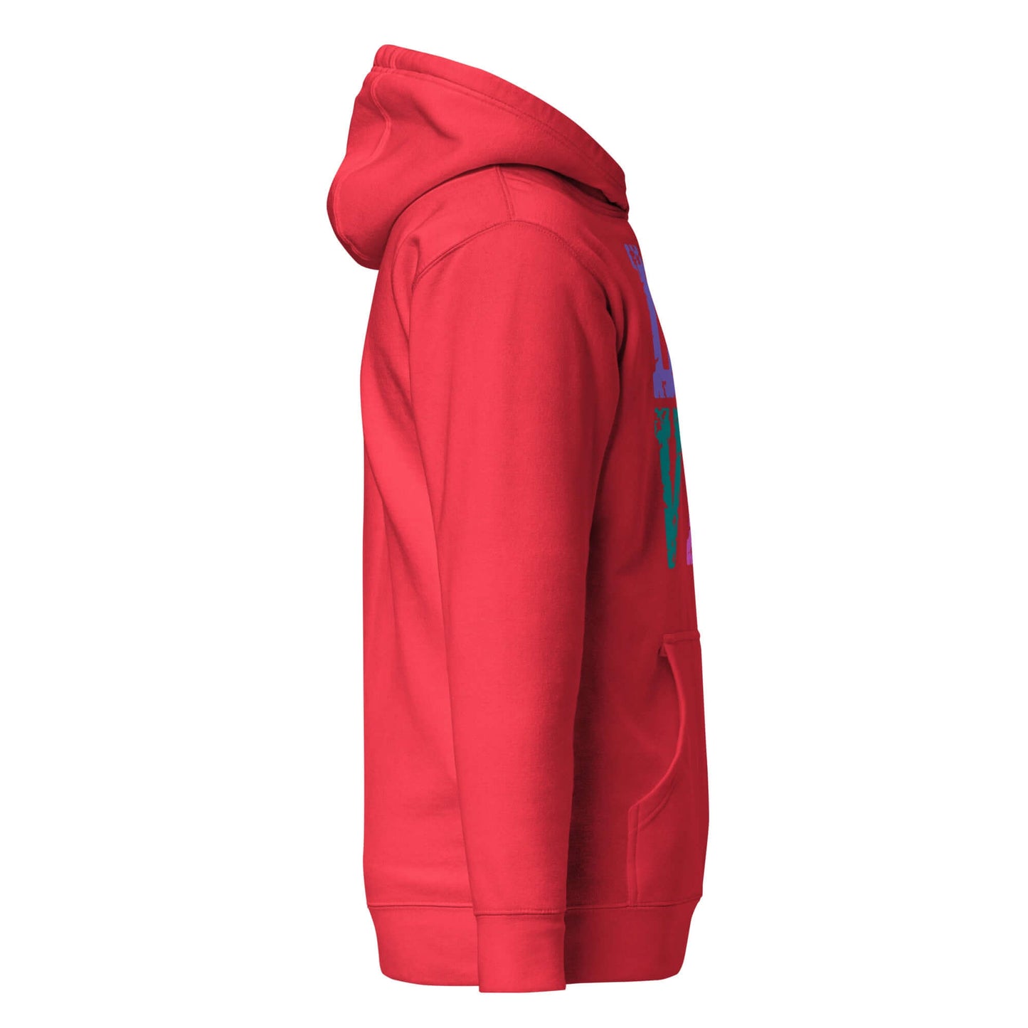 Side view of a red Women’s LOVE Pickleball Hoodie, featuring a colorful design, ideal for comfort and style.