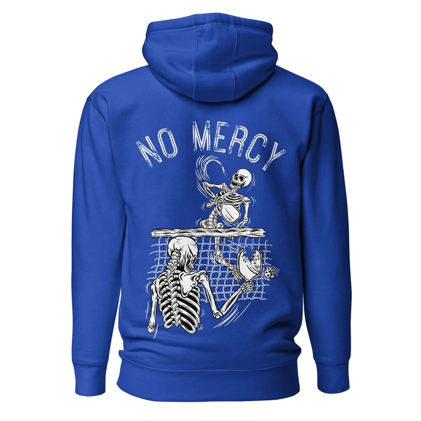 Blue "No Mercy" pickleball hoodie featuring skeleton players, designed for ultimate comfort and style with front pouch pocket.