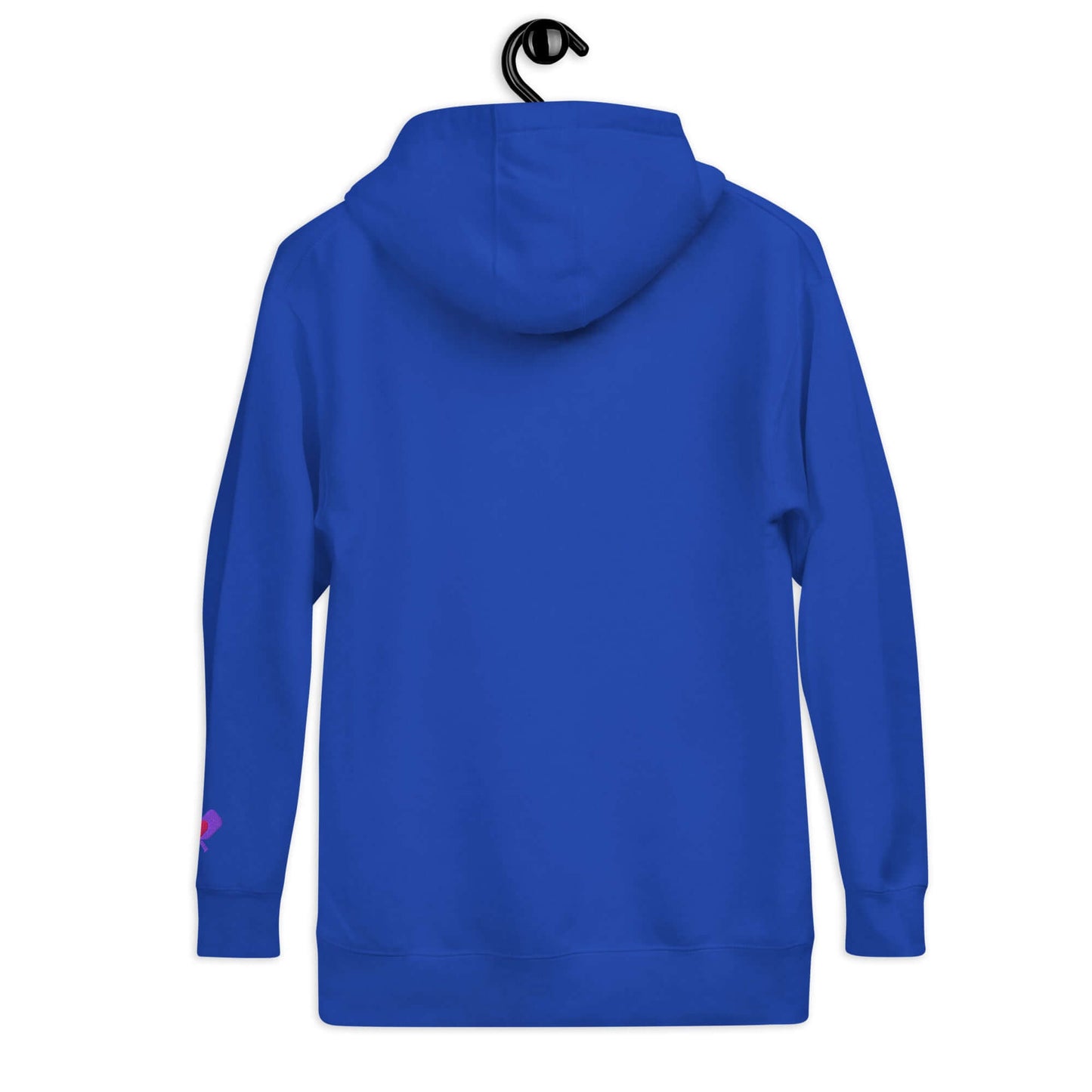 Back view of a blue women's LOVE Pickleball hoodie on a hanger, showcasing its cozy design.