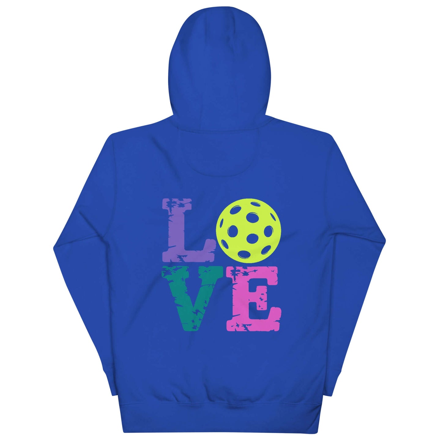 Women’s LOVE Pickleball Hoodie in blue with colorful letters and a pickleball graphic on the back.