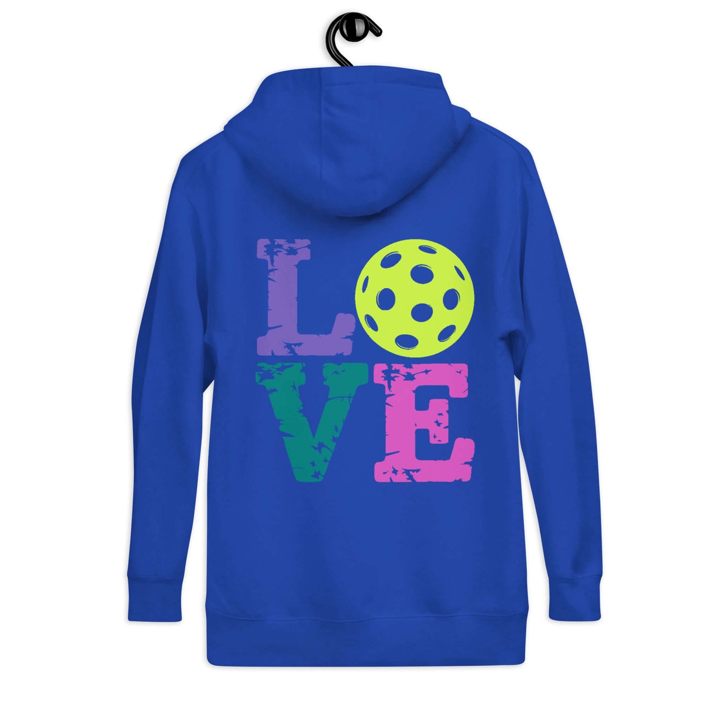 Back view of a blue women's hoodie featuring colorful 'LOVE' text and a pickleball graphic.