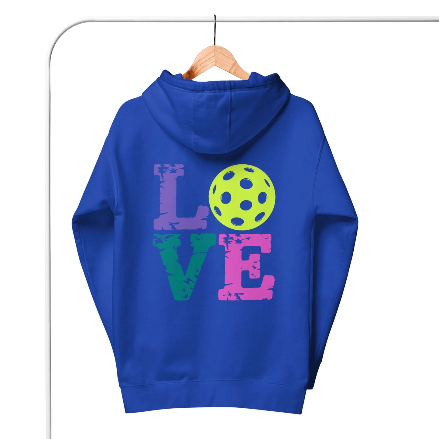 Back view of the Women’s LOVE Pickleball Hoodie in blue with colorful LOVE text and a pickleball graphic.