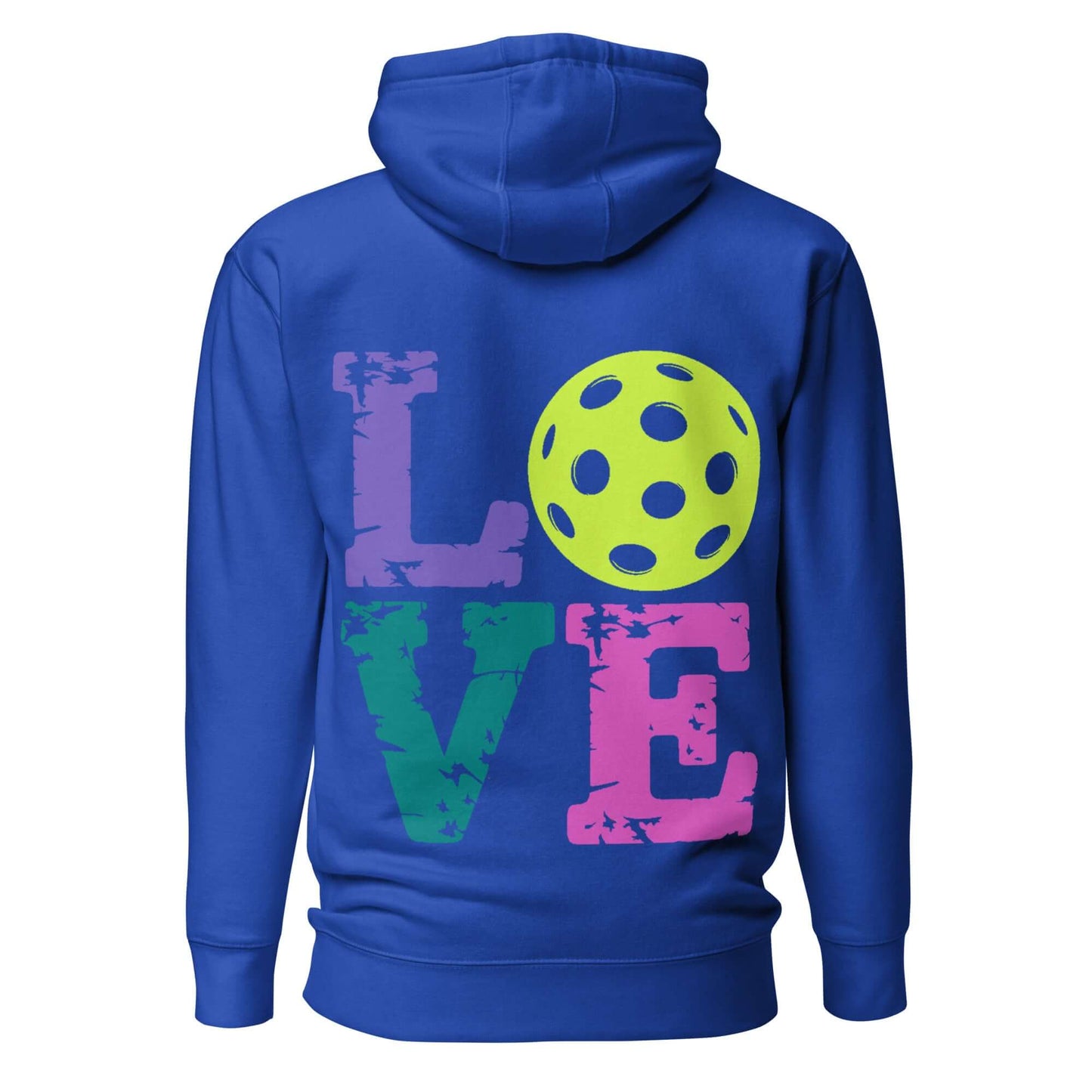 Back view of the Women's LOVE Pickleball Hoodie featuring colorful lettering and a pickleball graphic.