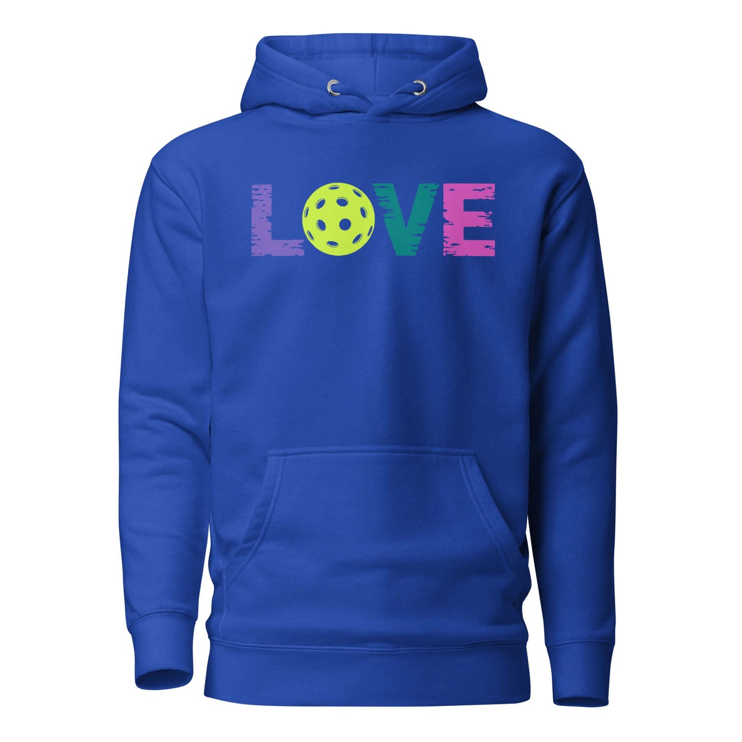 LOVE Pickleball Hoodie in blue featuring colorful text and a pickleball design, perfect for cozy comfort post-match.