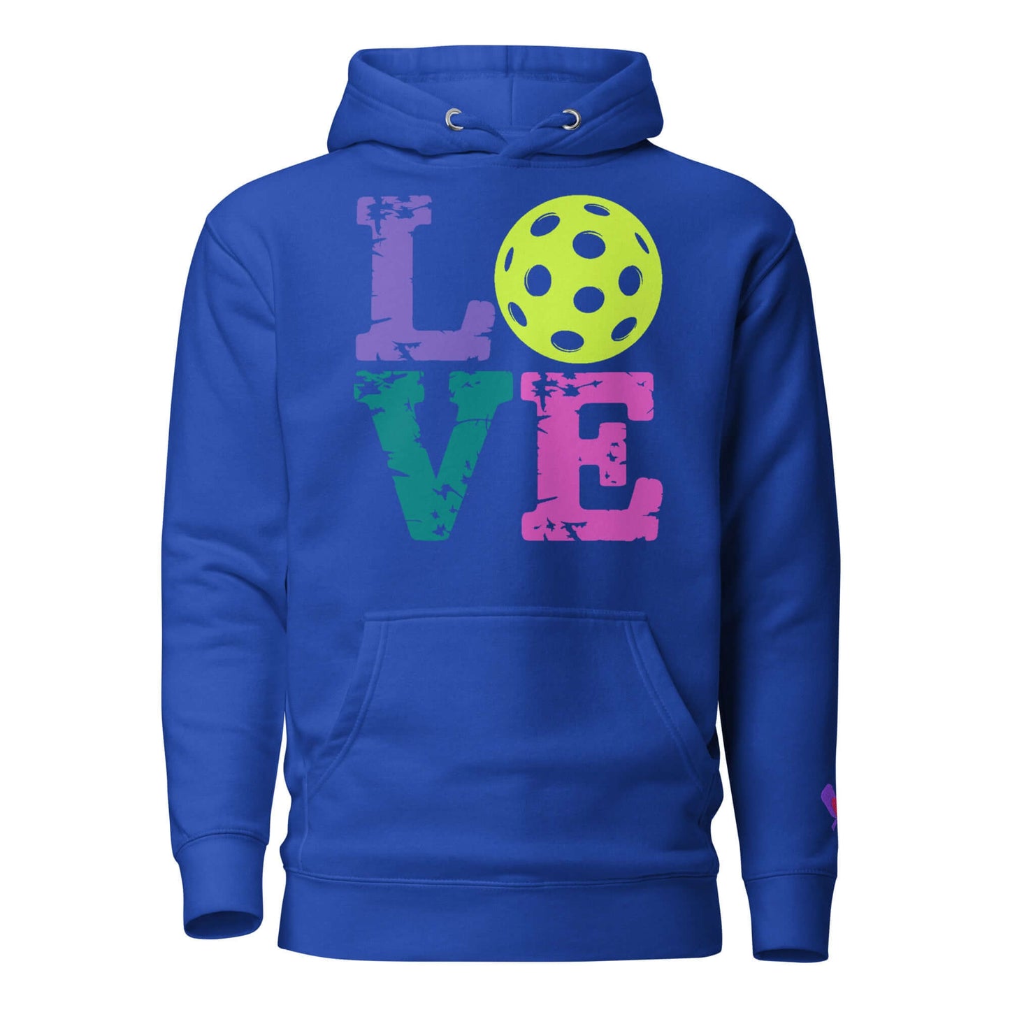 Bright blue women's hoodie with colorful 'LOVE' text and a pickleball graphic, perfect for pickleball enthusiasts.