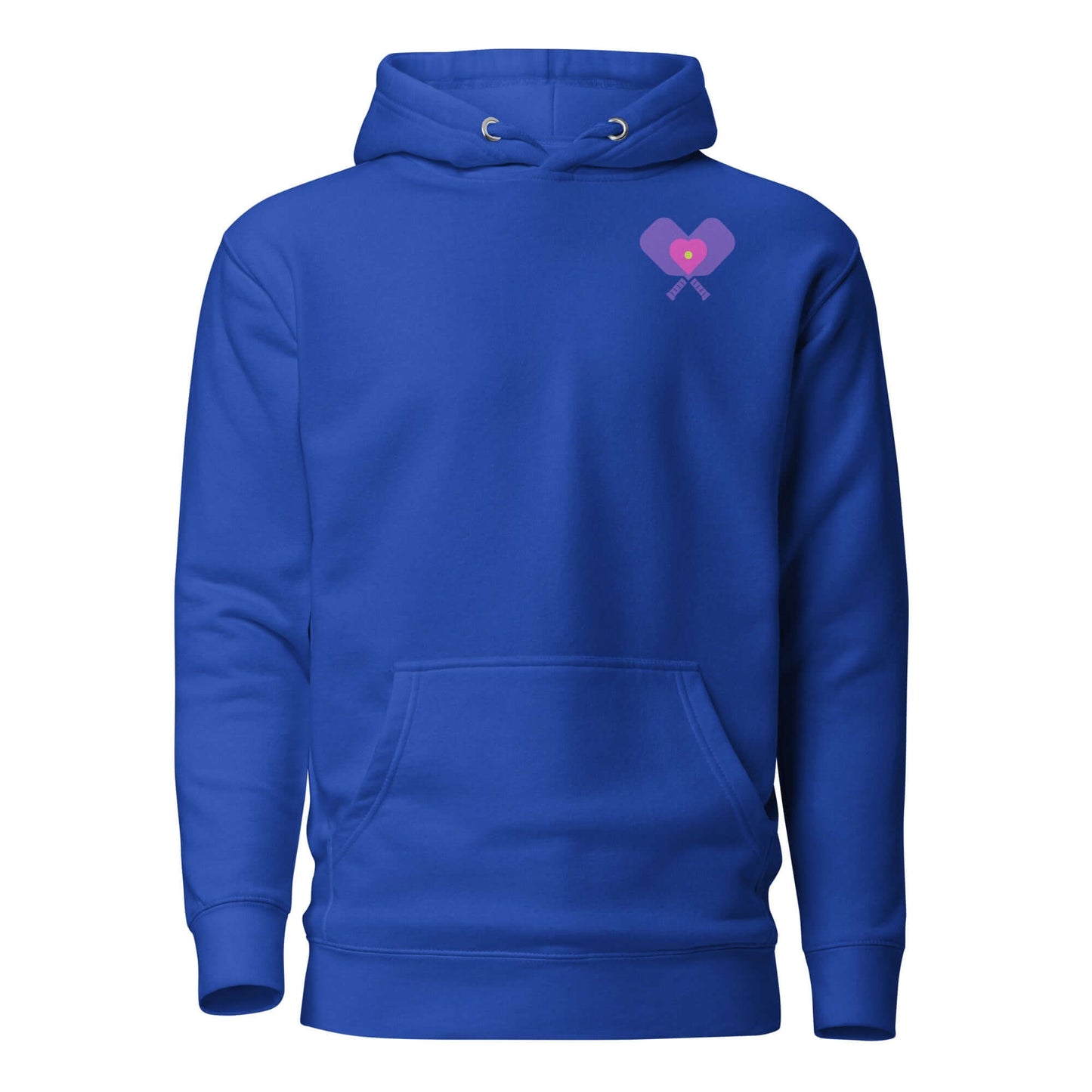 Women’s LOVE Pickleball Hoodie in vibrant blue with heart and paddles design for stylish comfort.