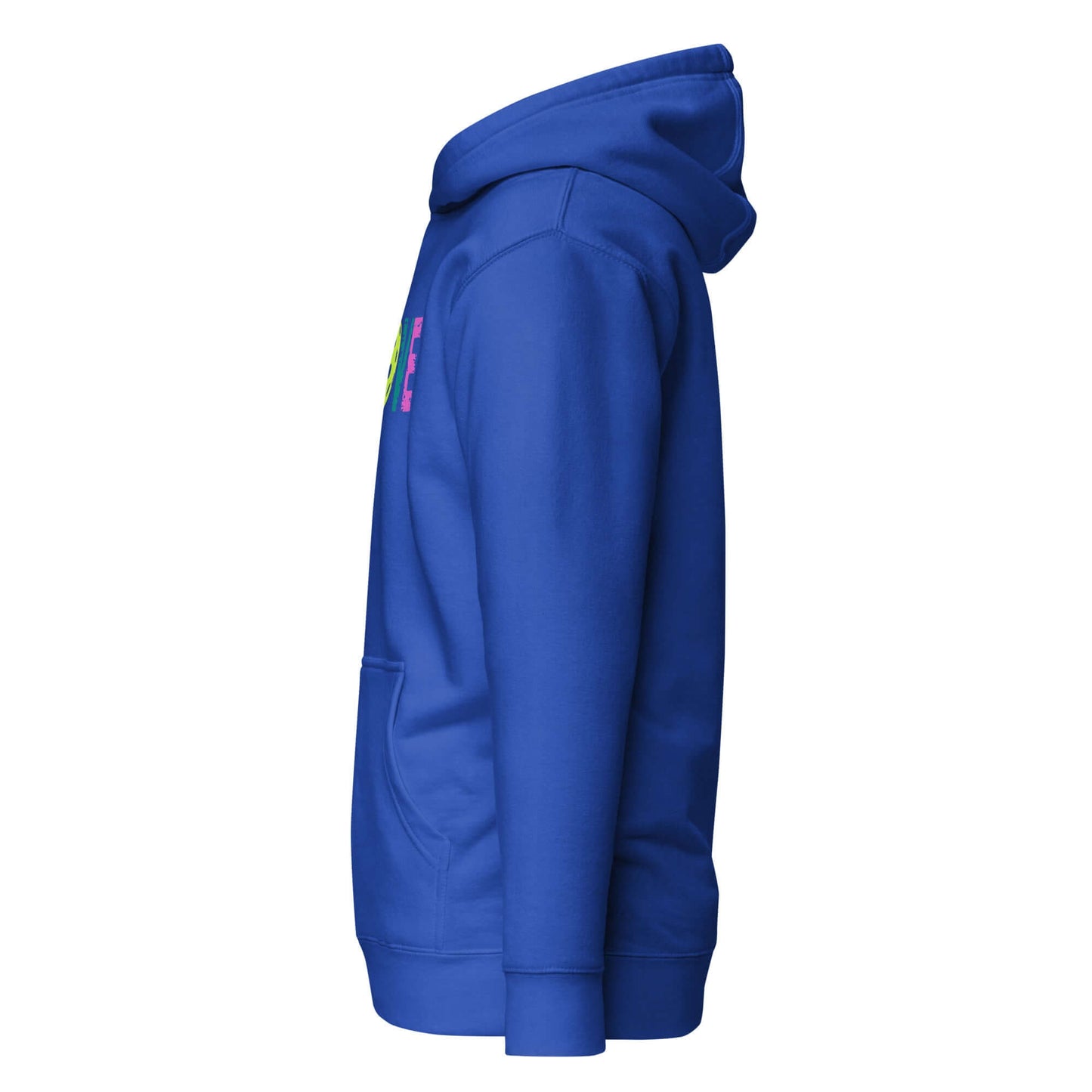 Profile view of LOVE Pickleball Hoodie in vibrant blue, featuring soft cotton blend for comfort and style.