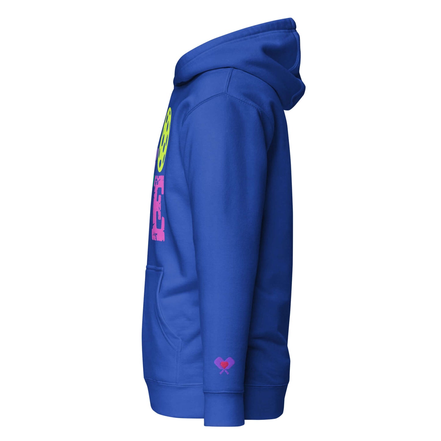 Side view of Women's LOVE Pickleball Hoodie in blue, showcasing vibrant graphic design and cozy hood.