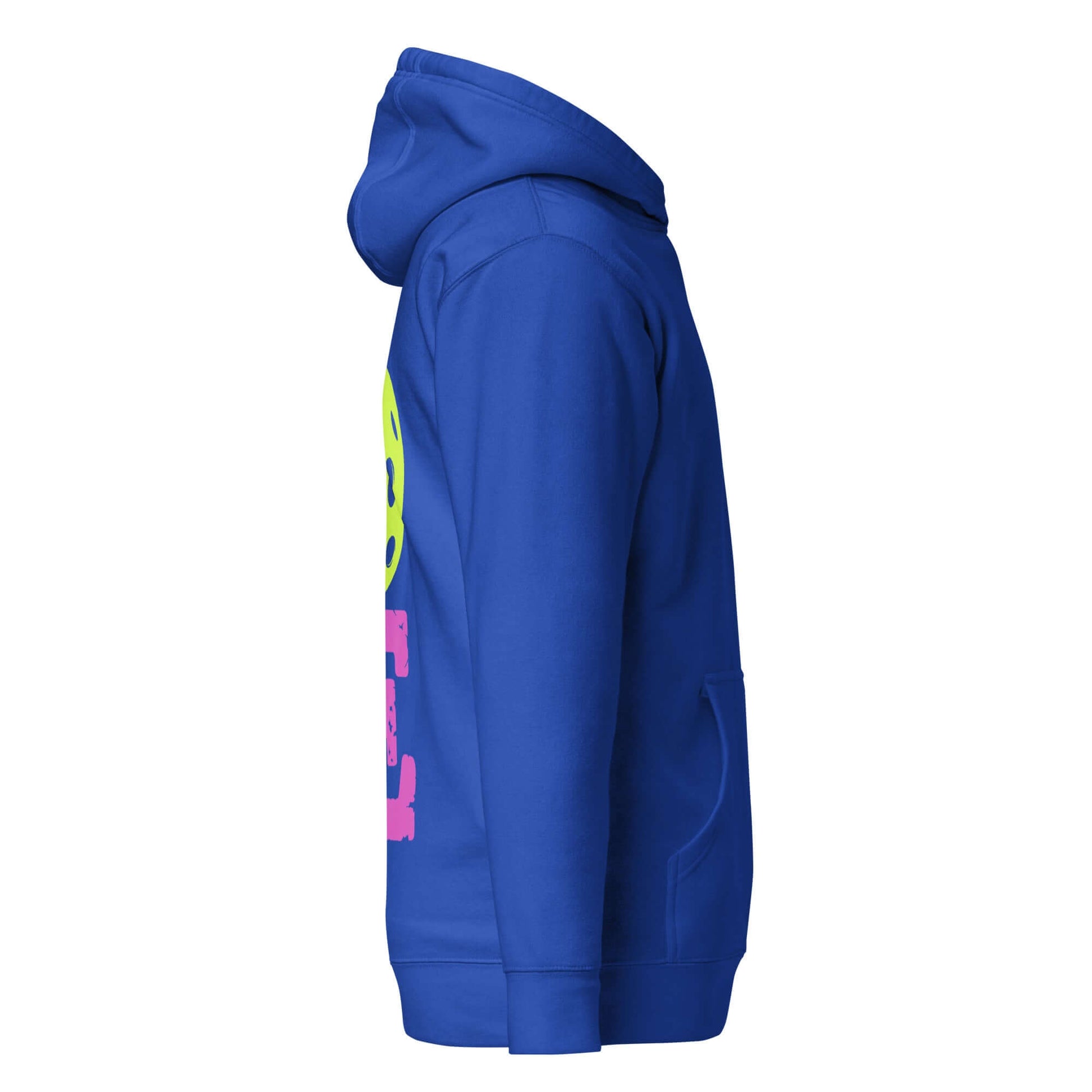 Side view of the Women's LOVE Pickleball Hoodie in blue, showcasing vibrant graphics and a cozy design.