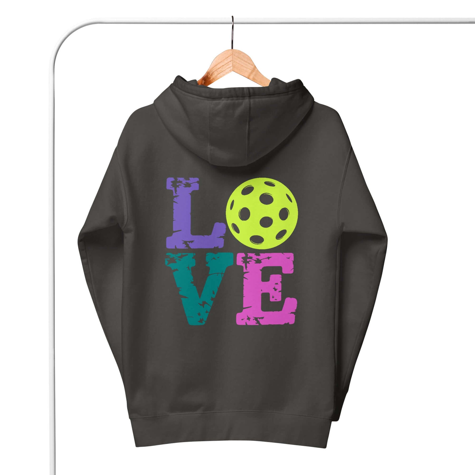 Back view of Women’s LOVE Pickleball Hoodie showcasing colorful text and pickleball design.