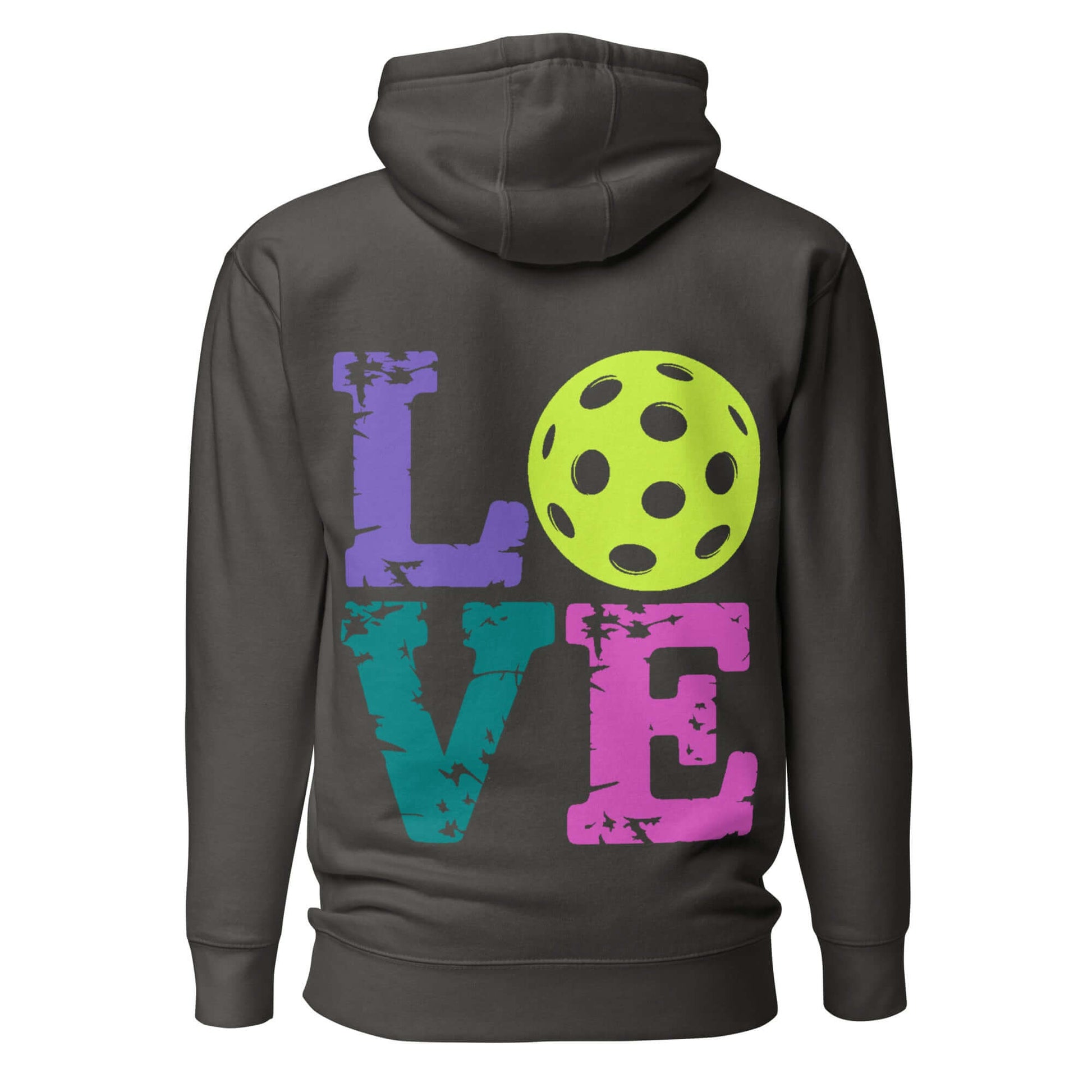 Back of Women’s LOVE Pickleball Hoodie featuring colorful 'LOVE' text and a pickleball graphic, ideal for players and fans.