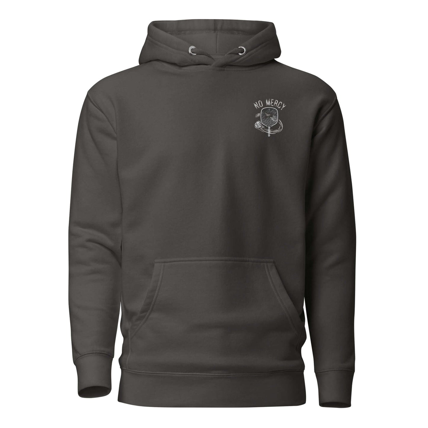 No Mercy Pickleball Ultimate Comfort Hoodie with front pouch pocket in dark grey, ideal for stylish and cozy wear.