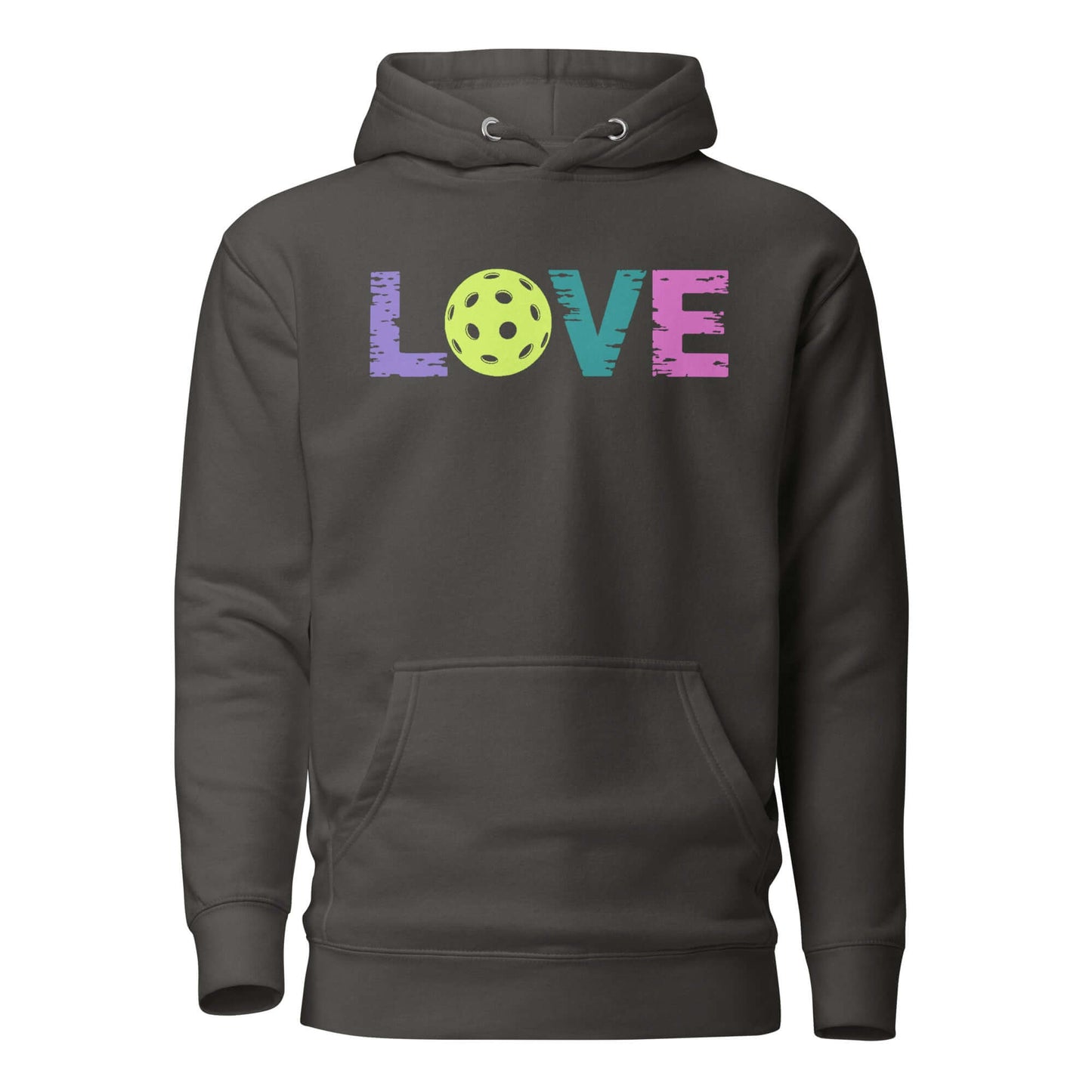 LOVE Pickleball Hoodie in dark gray featuring colorful LOVE text and a pickleball graphic on the front.