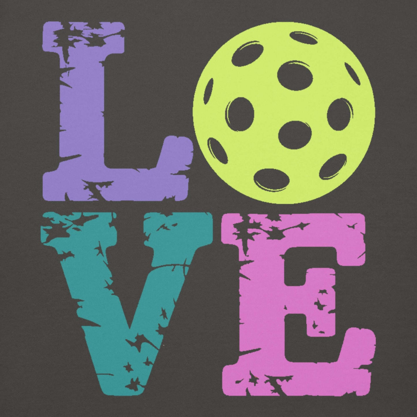 Colorful 'LOVE' graphic with a pickleball design, showcasing passion for pickleball in vibrant hues.