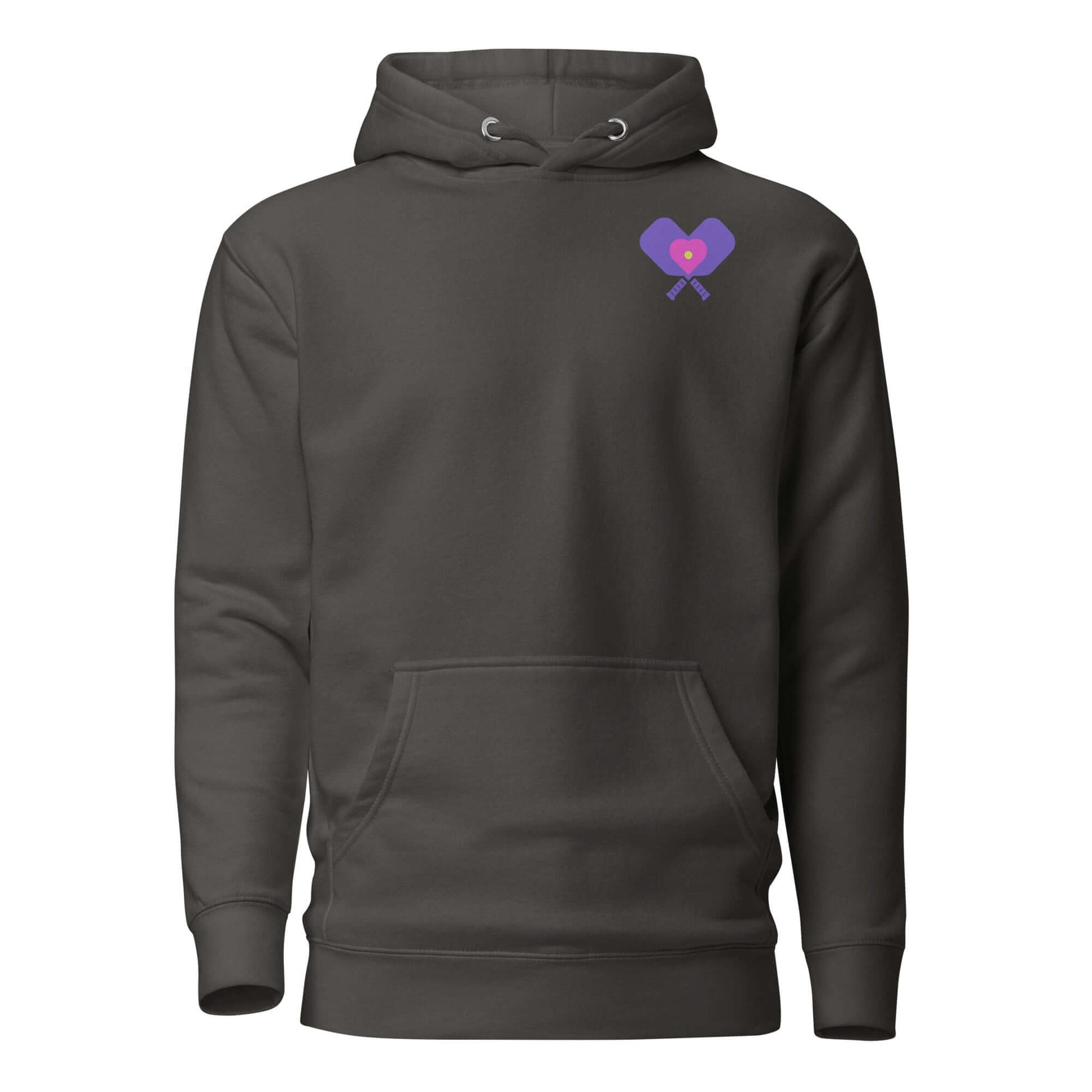 Women’s LOVE Pickleball Hoodie in dark gray with heart and paddle graphic, perfect for comfort and style on or off the court.