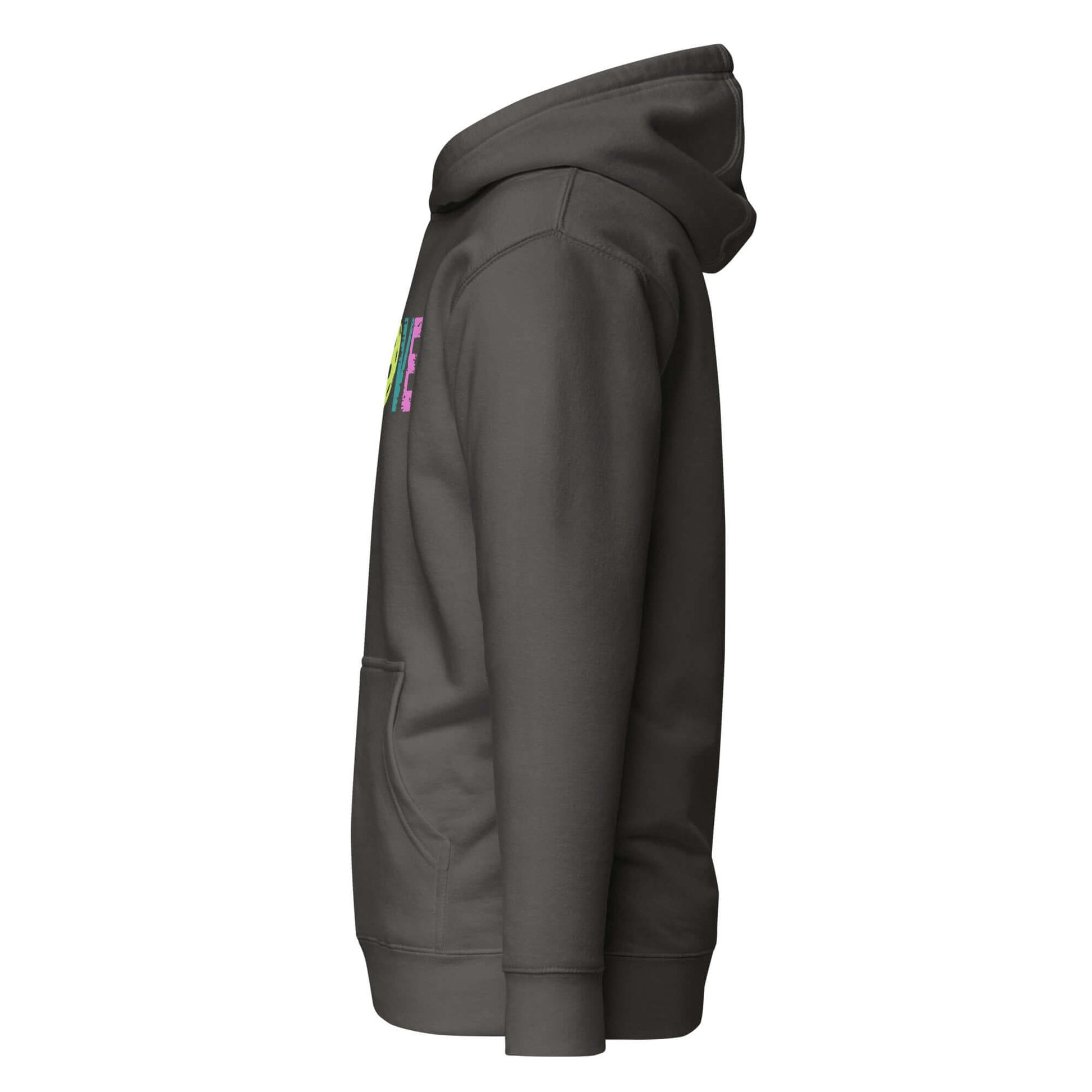 Side view of the LOVE Pickleball Hoodie in a stylish dark color, showcasing its soft fabric and functional design.