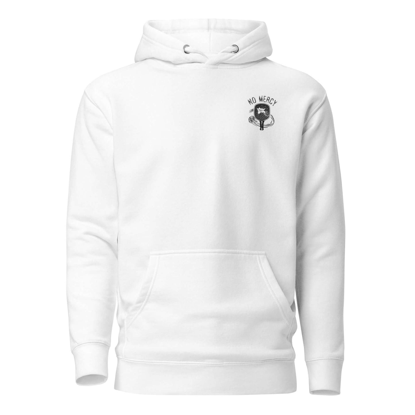 No Mercy Pickleball Series comfort hoodie in white with front pouch pocket, crafted from cotton and polyester blend for ultimate softness.