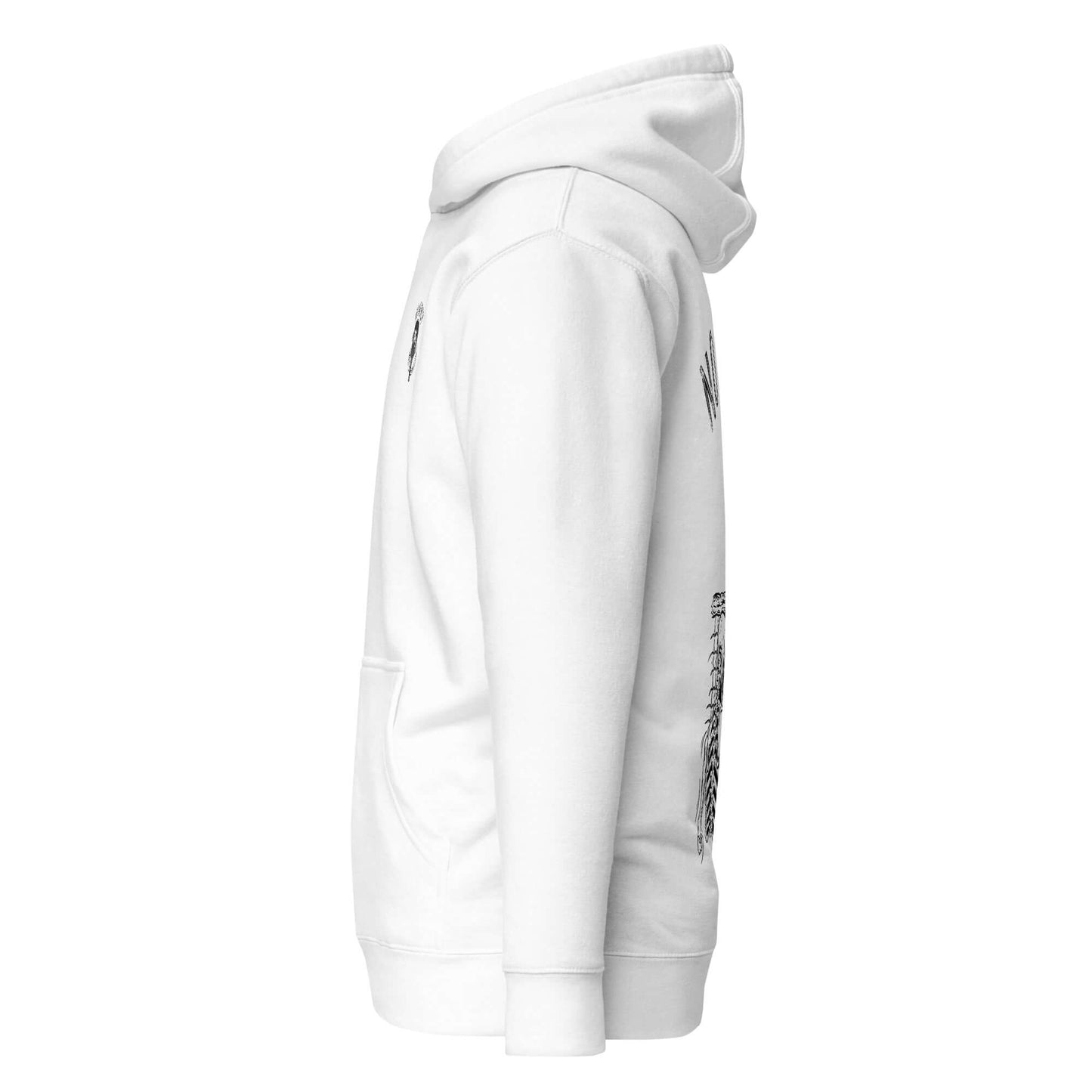 White No Mercy Pickleball Series Ultimate Comfort Hoodie side view with front pouch pocket and soft cotton blend fabric.