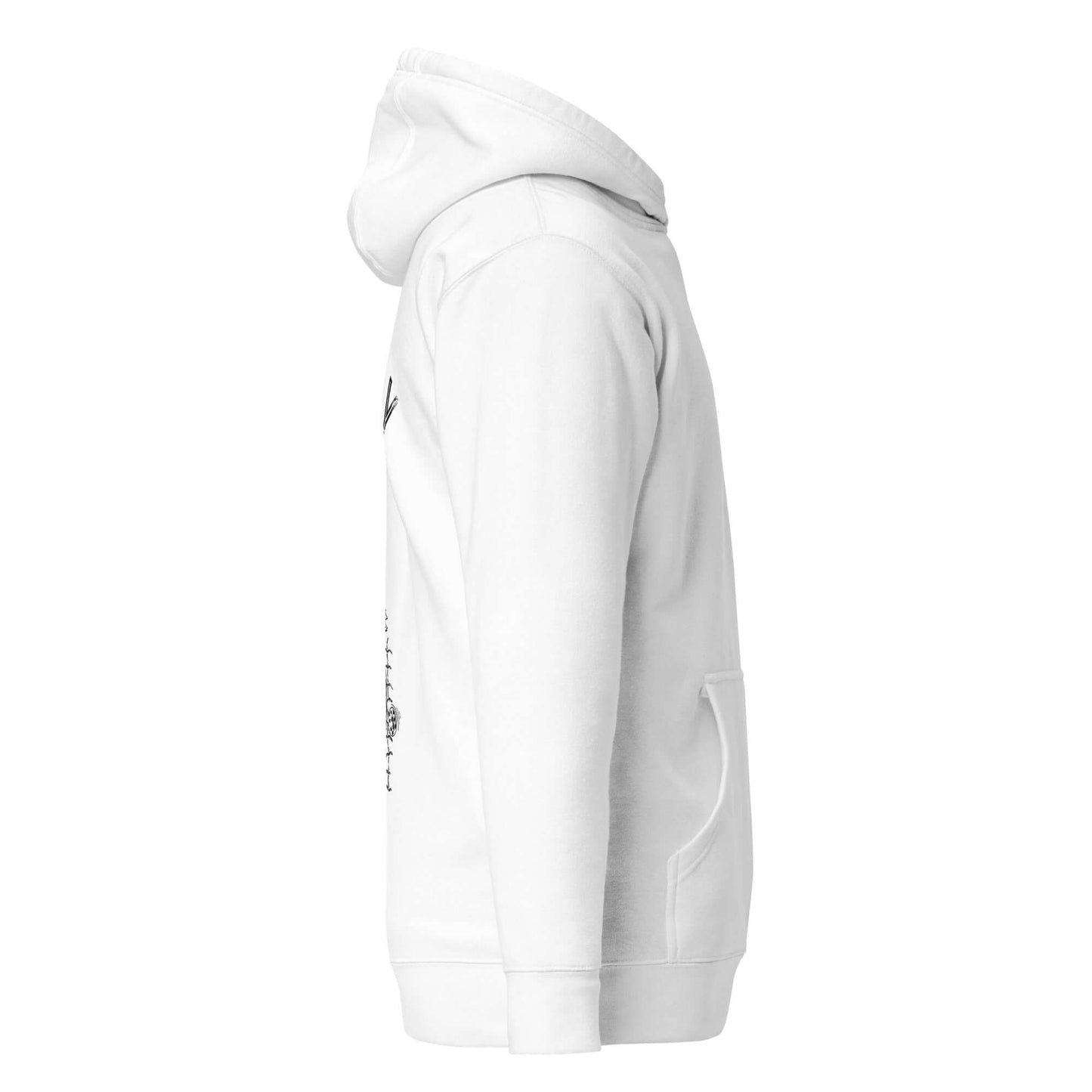 Side view of No Mercy Pickleball Series Ultimate Comfort Hoodie in white, showcasing soft fabric and front pouch pocket.