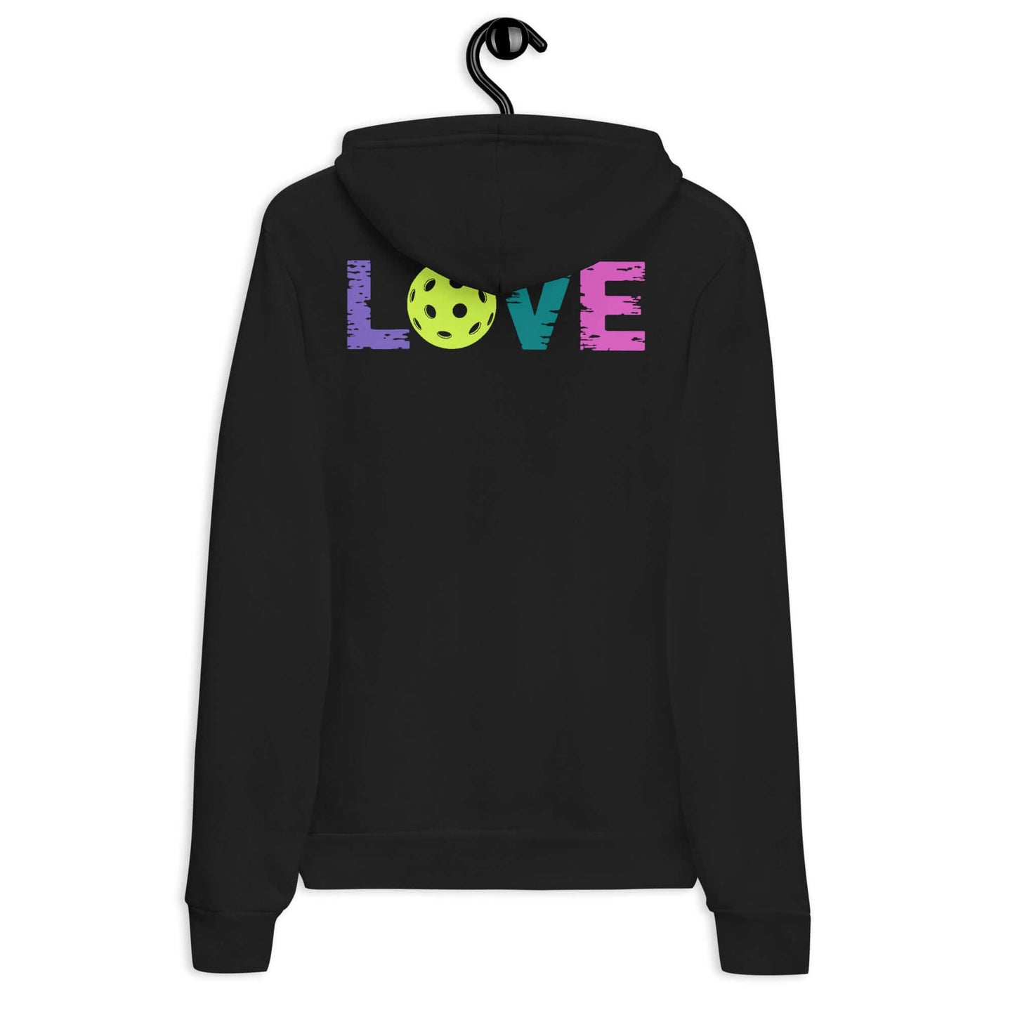 Back view of Women's LOVE Pickleball Hoodie featuring colorful 'LOVE' design and pickleball graphic.